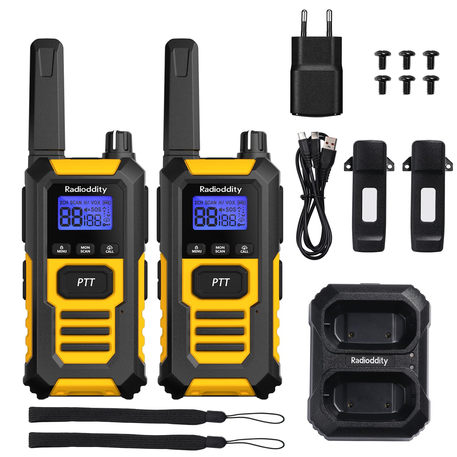 Radioddity HD-1 Funkgerät Set, Walkie Talkie wasserdicht IP67, Robuste PMR, staubdicht stoßfest mit EIN-Tasten-Gruppenruf, Vibrationsalarm, SOS, Dual PTT, Basis- und USB-C-Ladung (2 Stück, gelb)