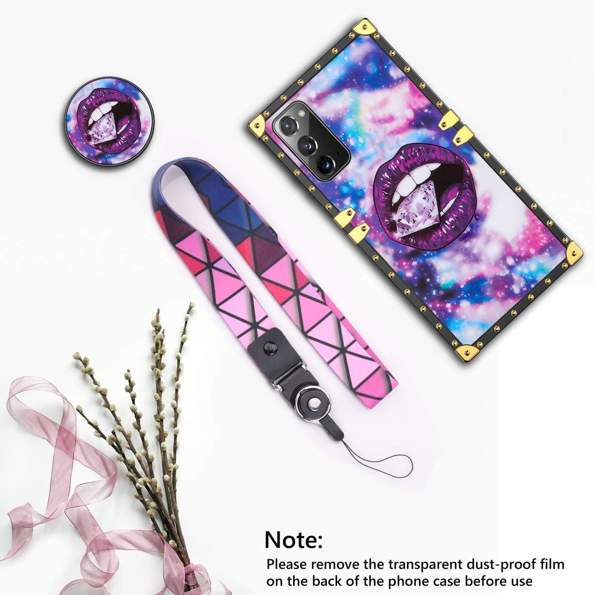 JAKPAK for Galaxy Note 20 Case with Kickstand for Girls Women TPU Luxury Case with Strap Shockproof Protective Heavy Duty Metal Cushion Reinforced Corners Case for Galaxy Note 20 5G 6.7inch Lip Purple