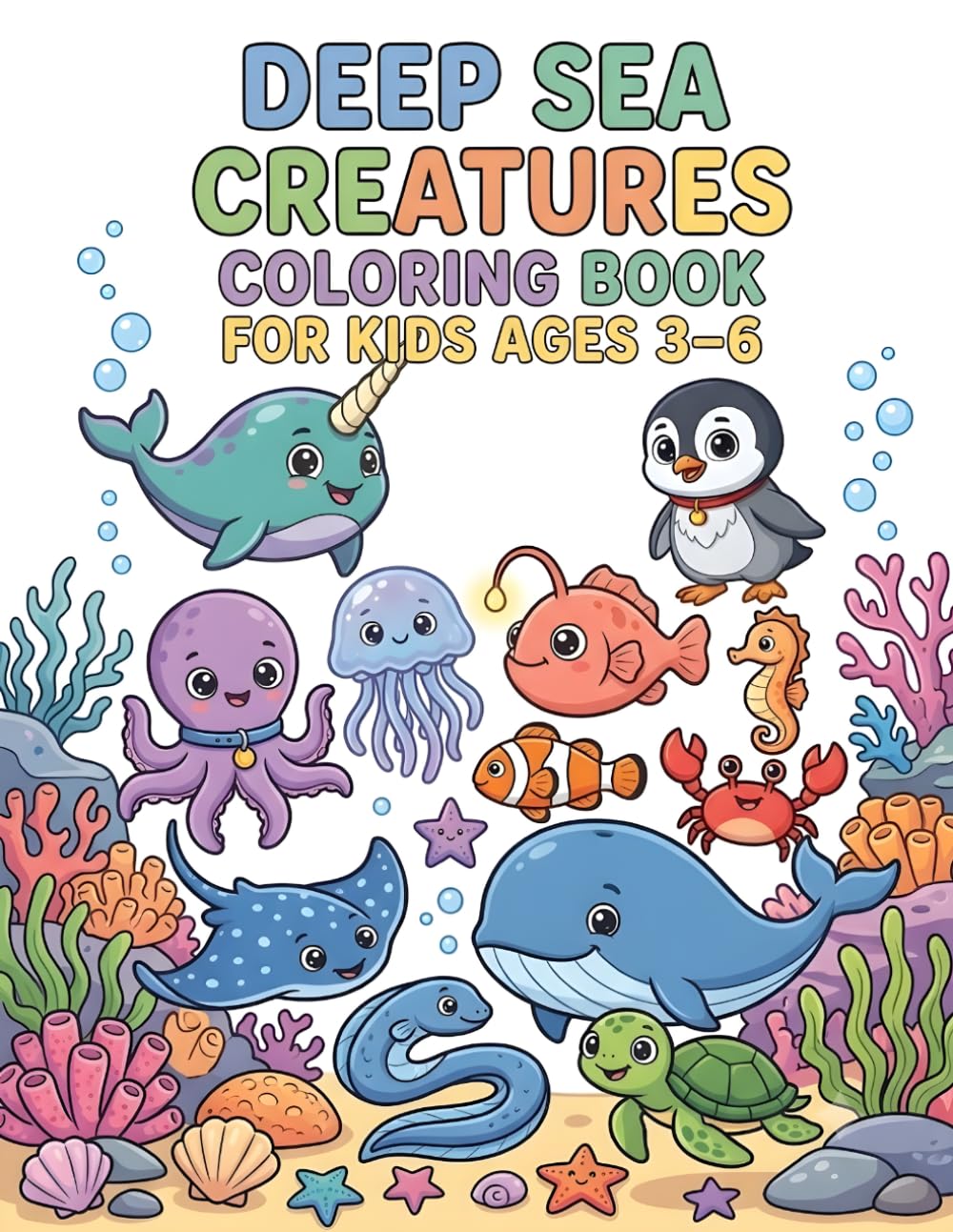 Deep Sea Creatures Coloring Book for Kids Ages 3-6: Fun & Easy Ocean Animal Coloring Pages Featuring Octopus, Jellyfish, Seahorse, Shark, Whale, Crab, Clownfish, and More Cute Underwater Creatures