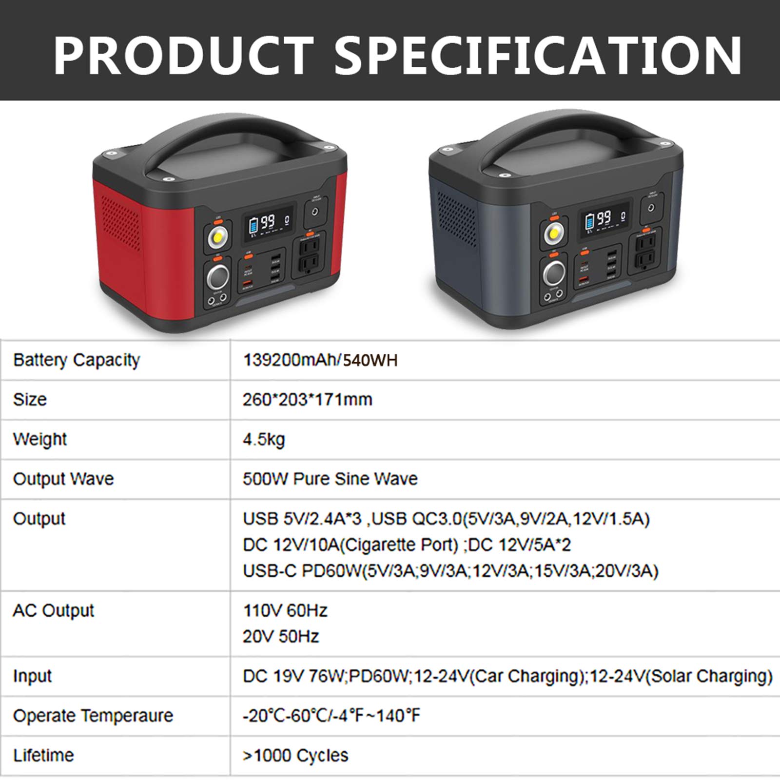 139200Mah 540Wh Power Station - Alimentatore di Emergenza Portatile di Backup con Torcia A LED per Campeggio, Casa, CPAP, Viaggi, All'aperto