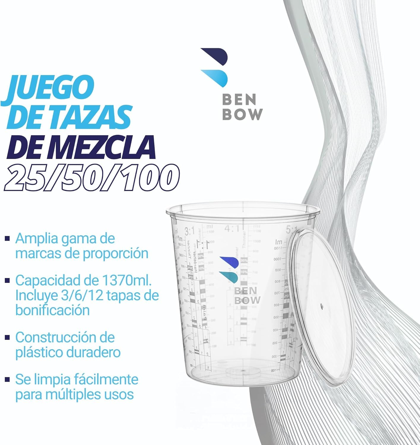 BenBow Vaso Medidor Profesional 100x 1370ml con 12x Tapa - Escala Diversa - Vaso Con Escala, Vaso Para Mezclar, Vaso Para Mezclar Pintura, Vaso Para Medir, Vaso Para Pintar, Vaso Para Mezclar