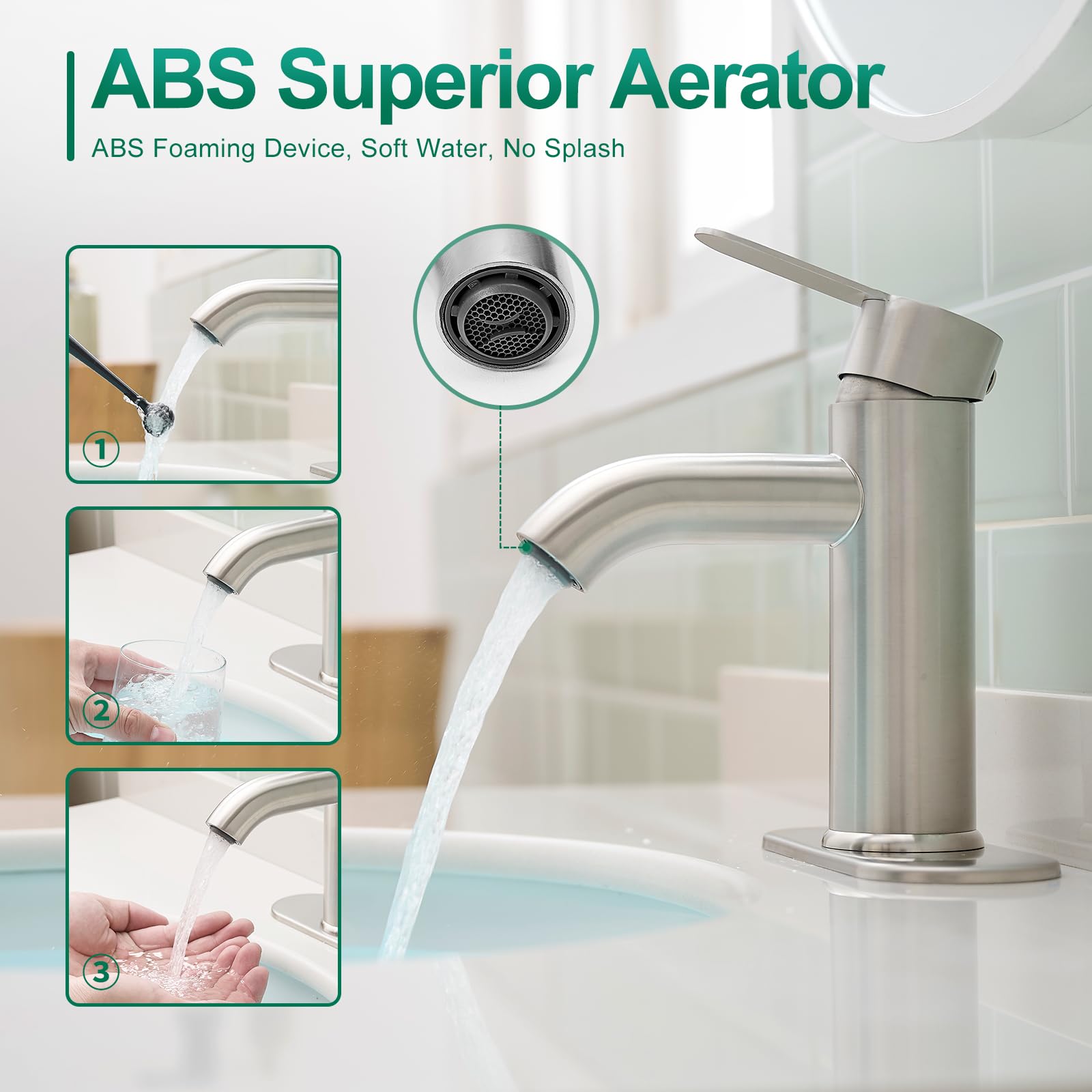 VOTON Brushed Nickel Bathroom Sink Faucet Single Handle Stainless Steel for 1 or 3 Hole Faucet for Bathroom — view 2