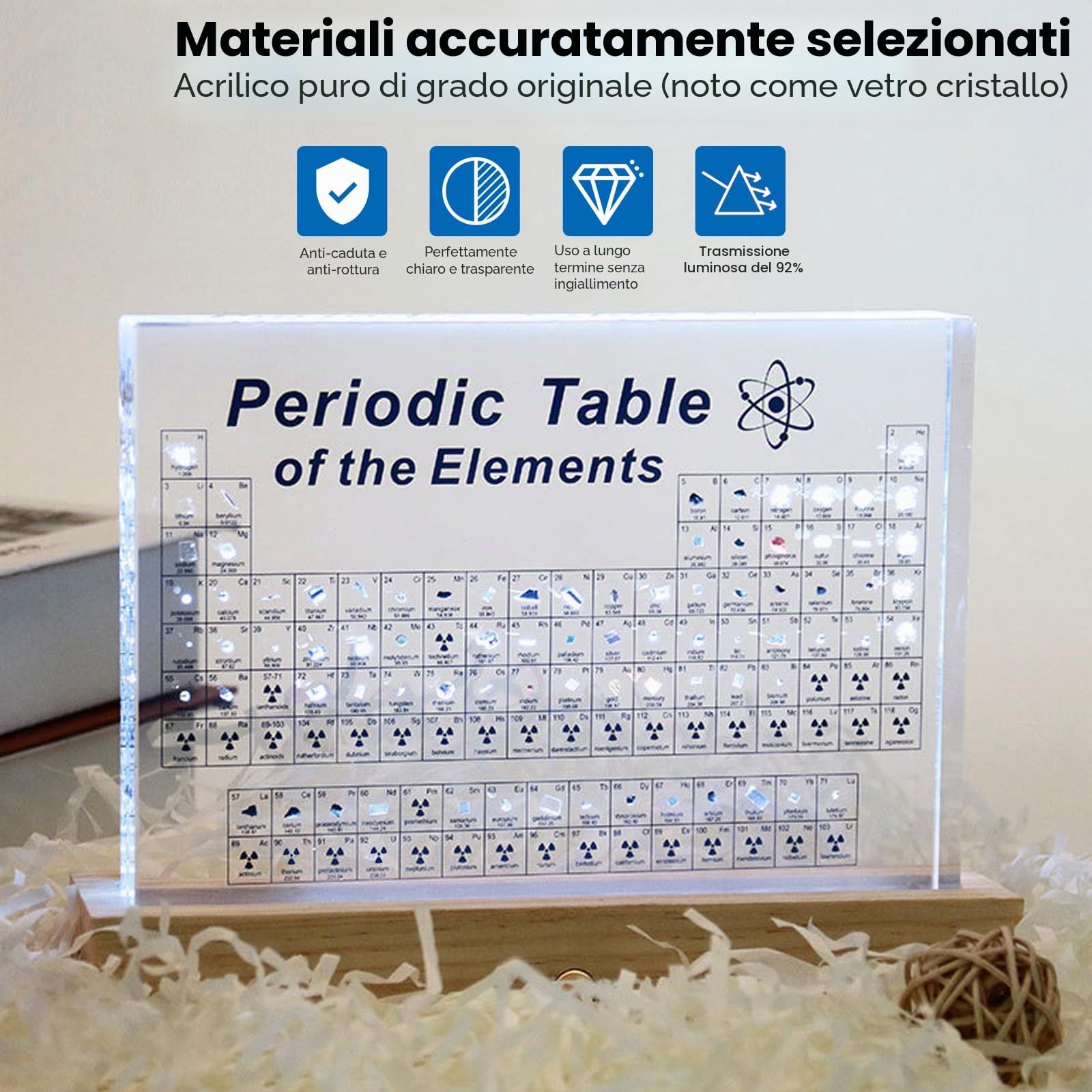 Tavola Periodica con Elementi Reali, Espositore Acrilico Tabella Periodica con Elementi Reali Interni, Tabella Periodica di 83 Elementi per Studenti Insegnanti Bambini Artigianato Decorazione