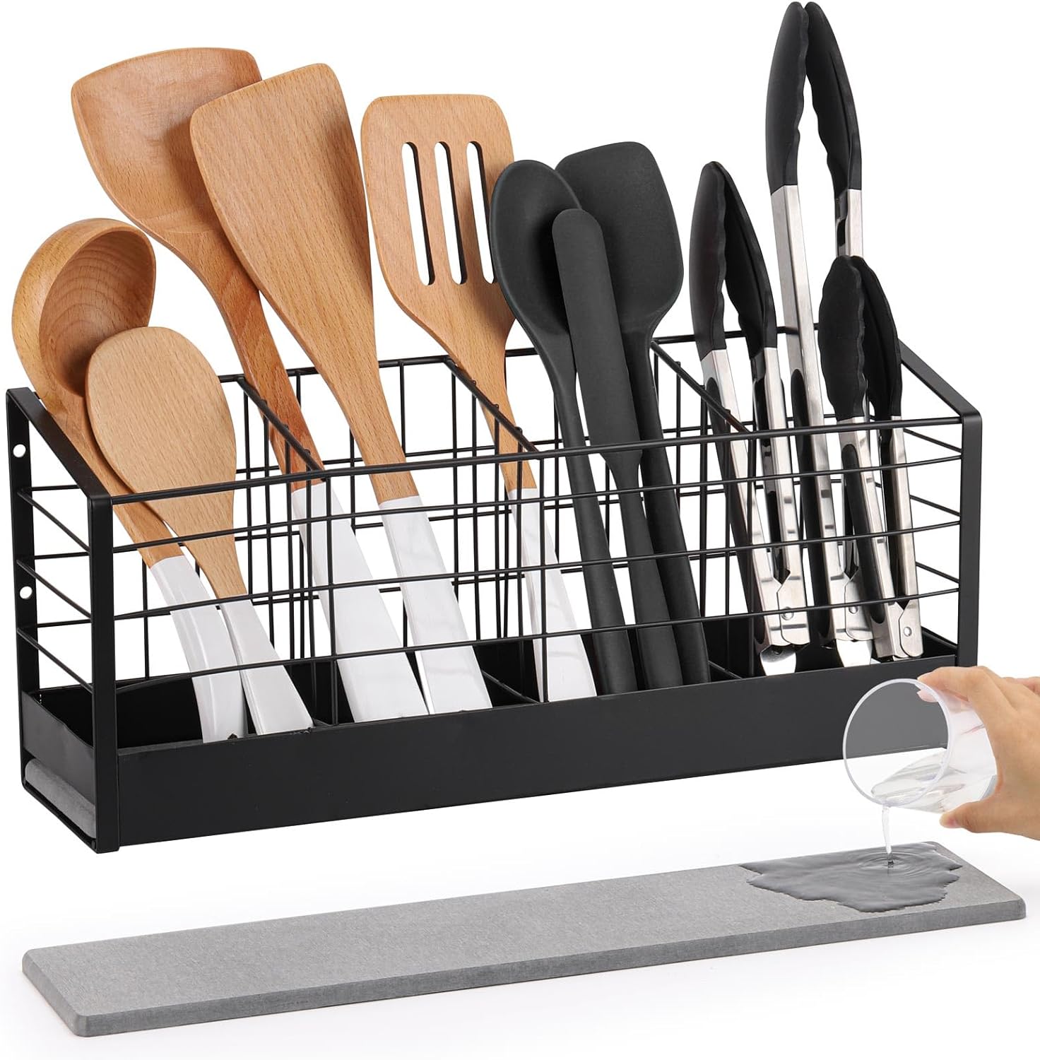 acDesign Kitchen Utensil Holder with 4 Compartments, Wire Cooking Utensil Holder Organizer, Matte Black Metal holder with Base for Kitchen Countertop, Spatula, Tong, Spoon