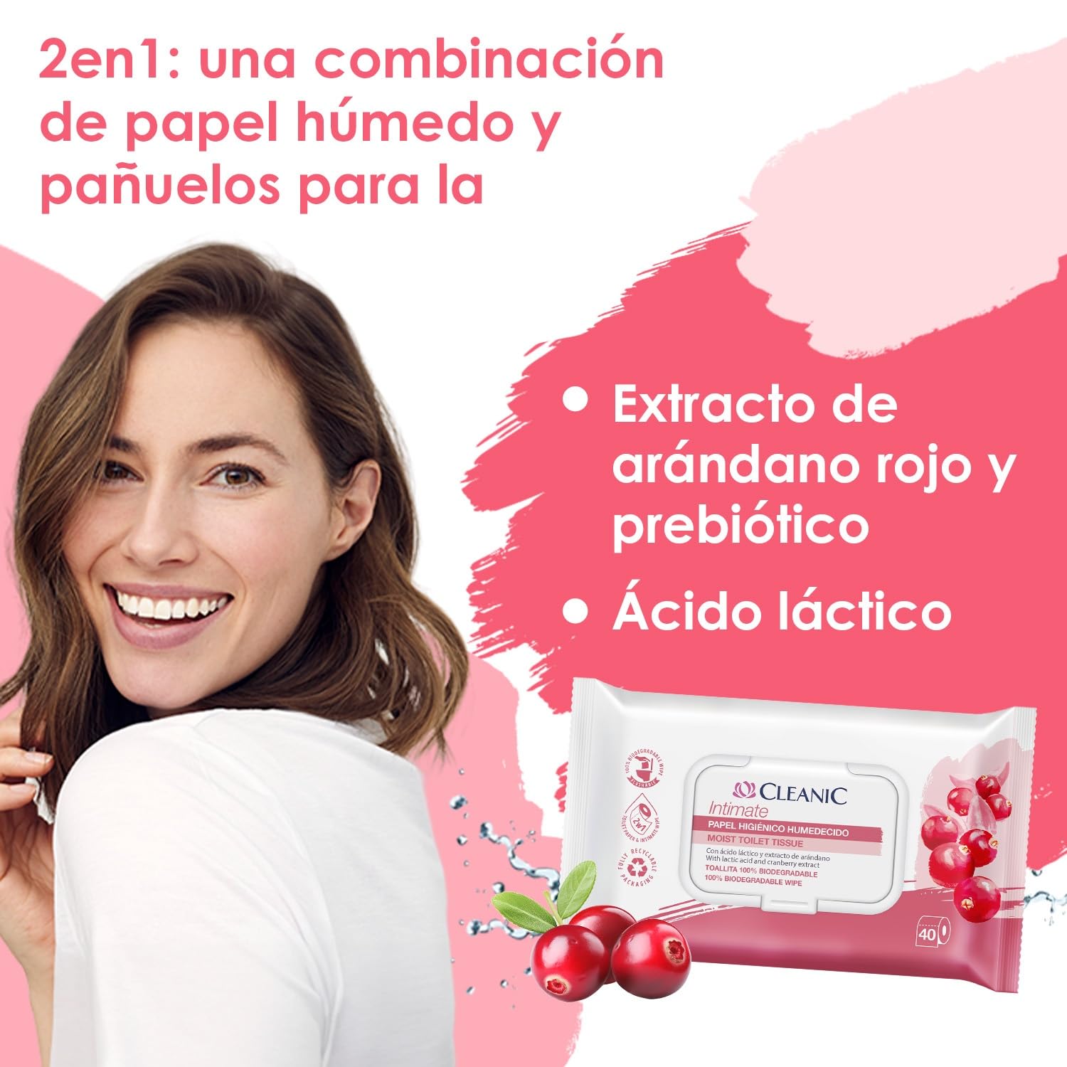 Cleanic Intimate Papel Higiénico Húmedo desechable - combina papel húmedo y toallitas. Limpia la zona íntima con extracto de arándano y prebiótico. 640 unidades (16x40)