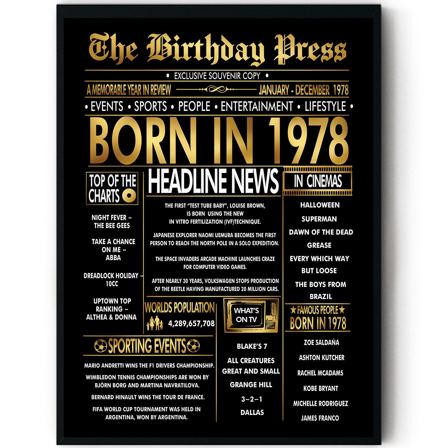 Stuff4 Men's 1978 Gold 48Th Birthday Poster Framed - Golden Born In Newspaper - Happy 48 Birthday For Wo Retro Vintage Gifts Back In 8X10 Inch Bday Party Decor Decoration