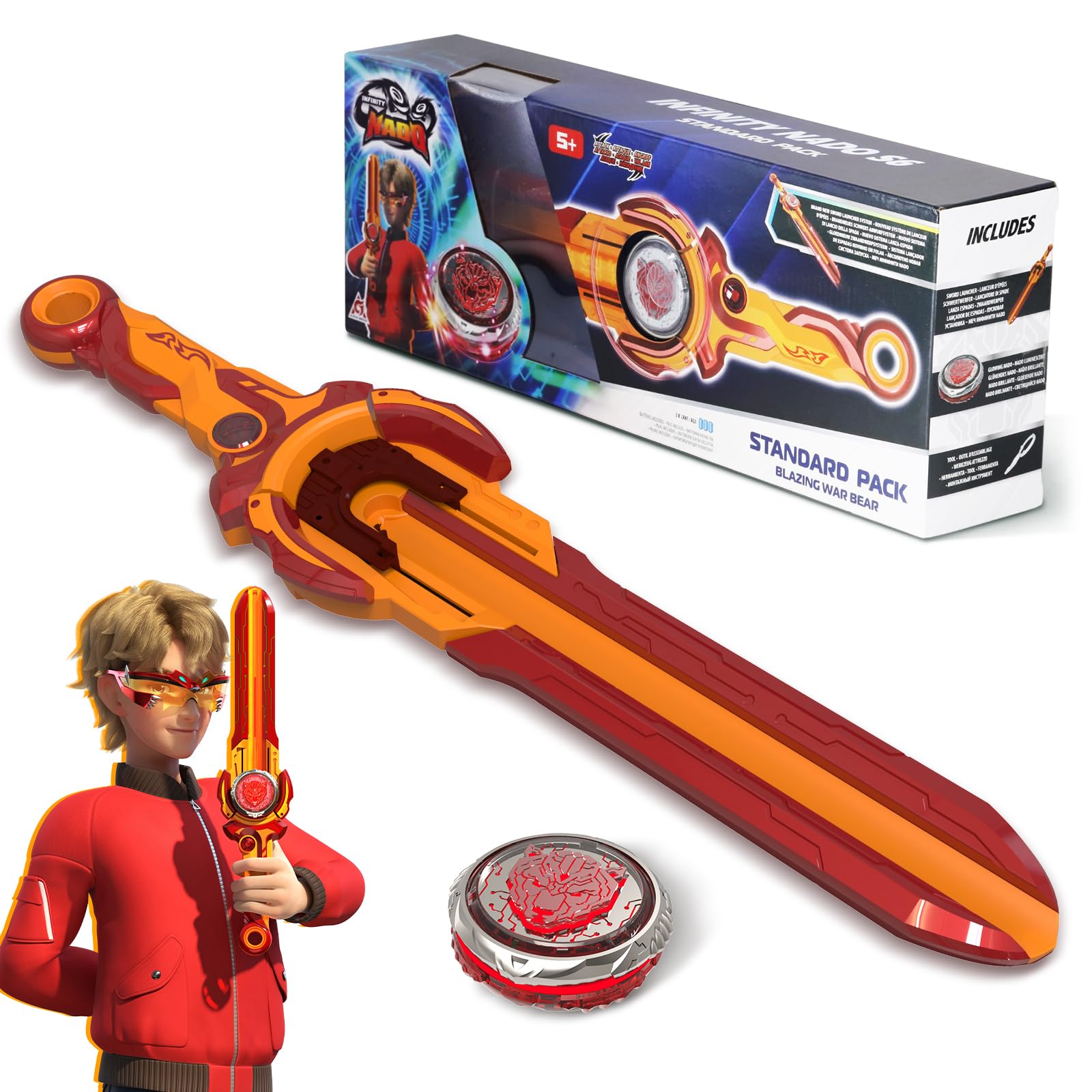 INFINITY NADO trottola metallica, con lanciatore a spada, trottola luminosa, adatta a bambini e bambine dai 5 ai 10 anni e oltre, Blazing War Bear, rosso.