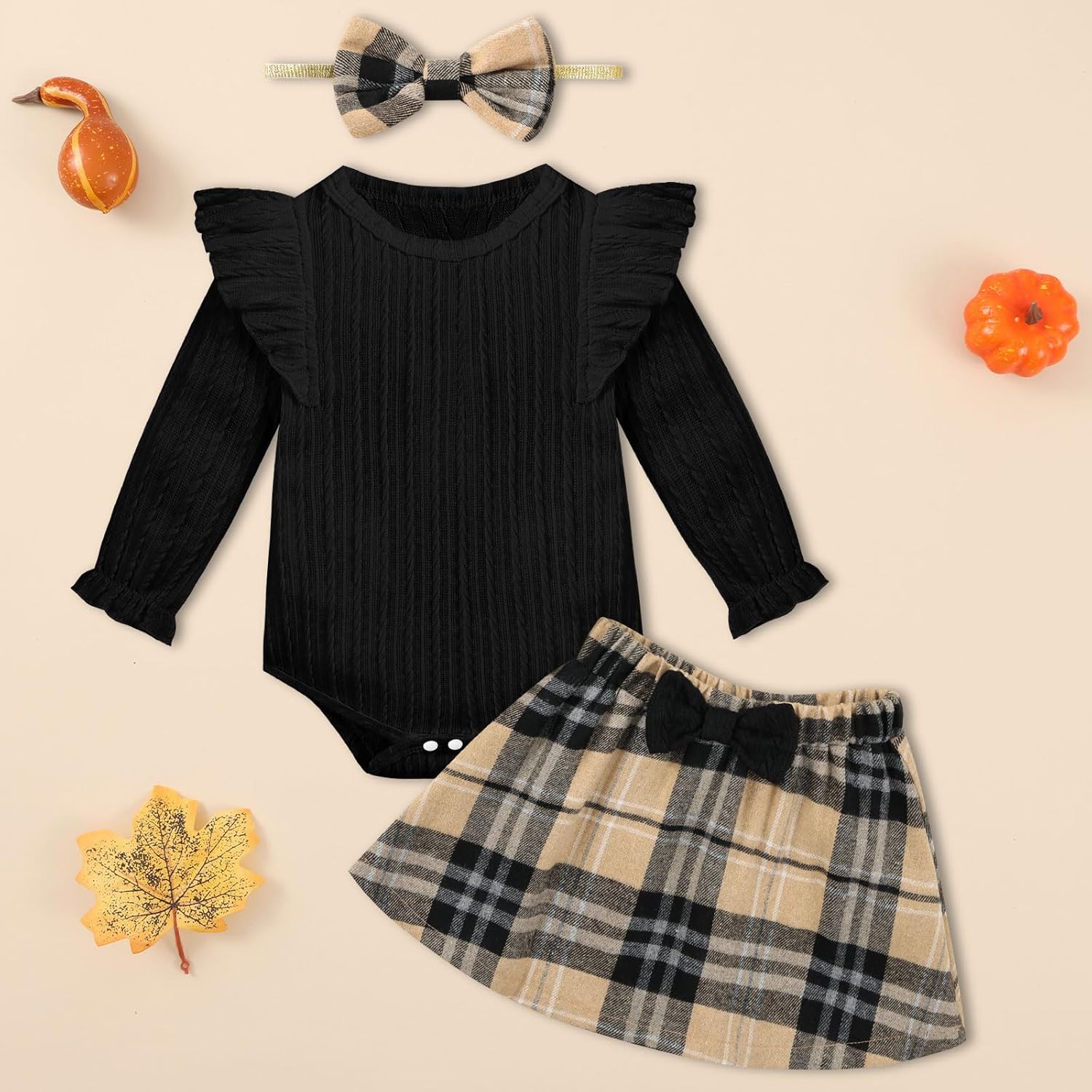 Weixinbuy Baby Girls Fall Outfits 3-Piece Set Long Sleeve Romper & Plaid Skirt Headband Soft Snap Closure 0-18M - Image 6
