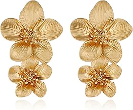 Gold Flower Earrings Double Flower Statement Earring for Women, Large Gold Floral Earrings for Women Boho Jewelry Gift