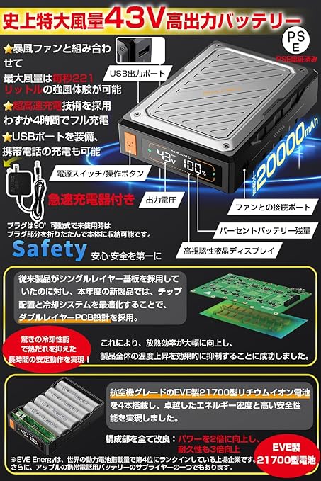 ファンバッテリーセット 43V 空調作業服用 6段階風量調節 急速充電器付き Amazon.co.jp: [Xinpeke] 空調作業服 【2025年革新モデル 43V超高電圧