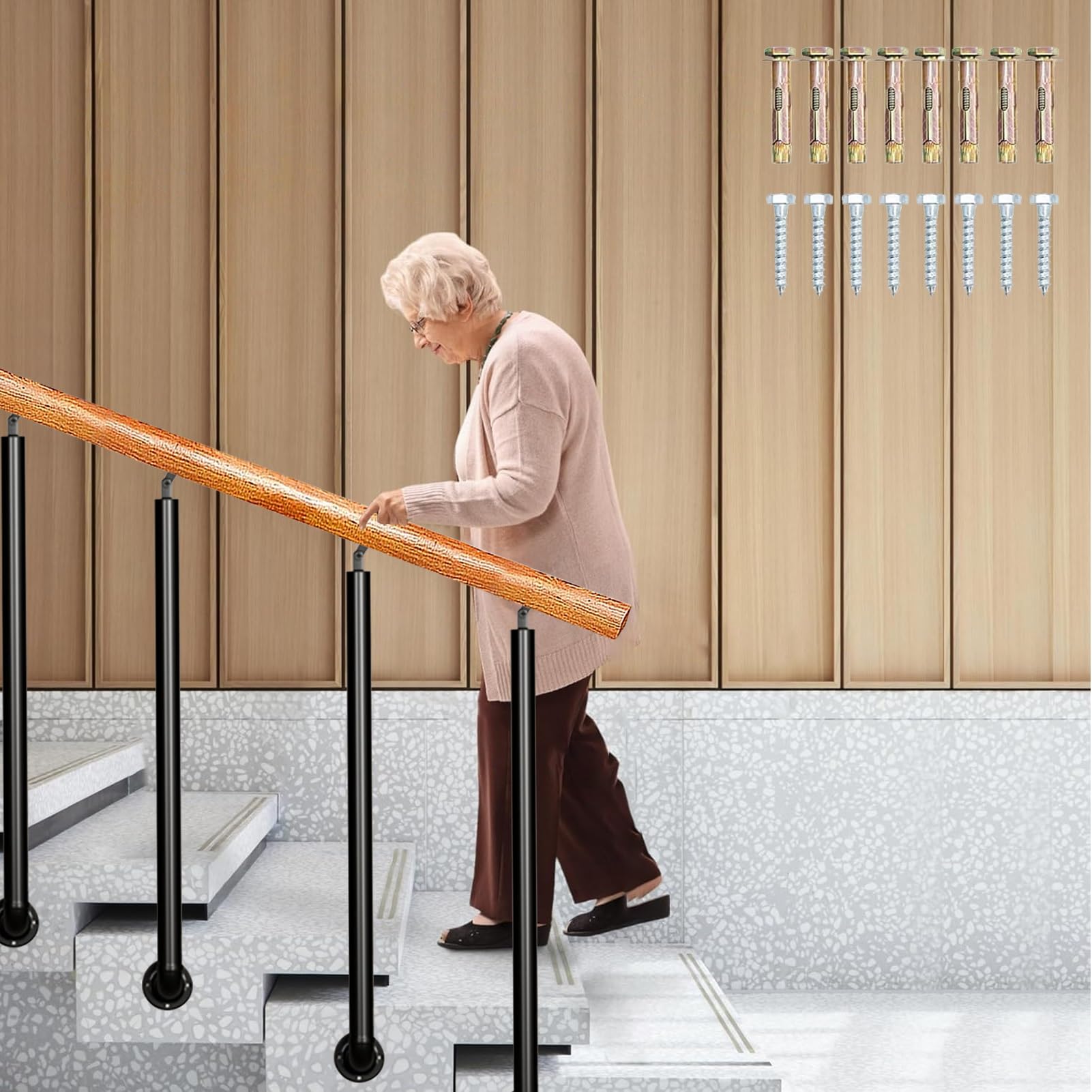 Rampe en bois et fer forgé pour marches au design architectural