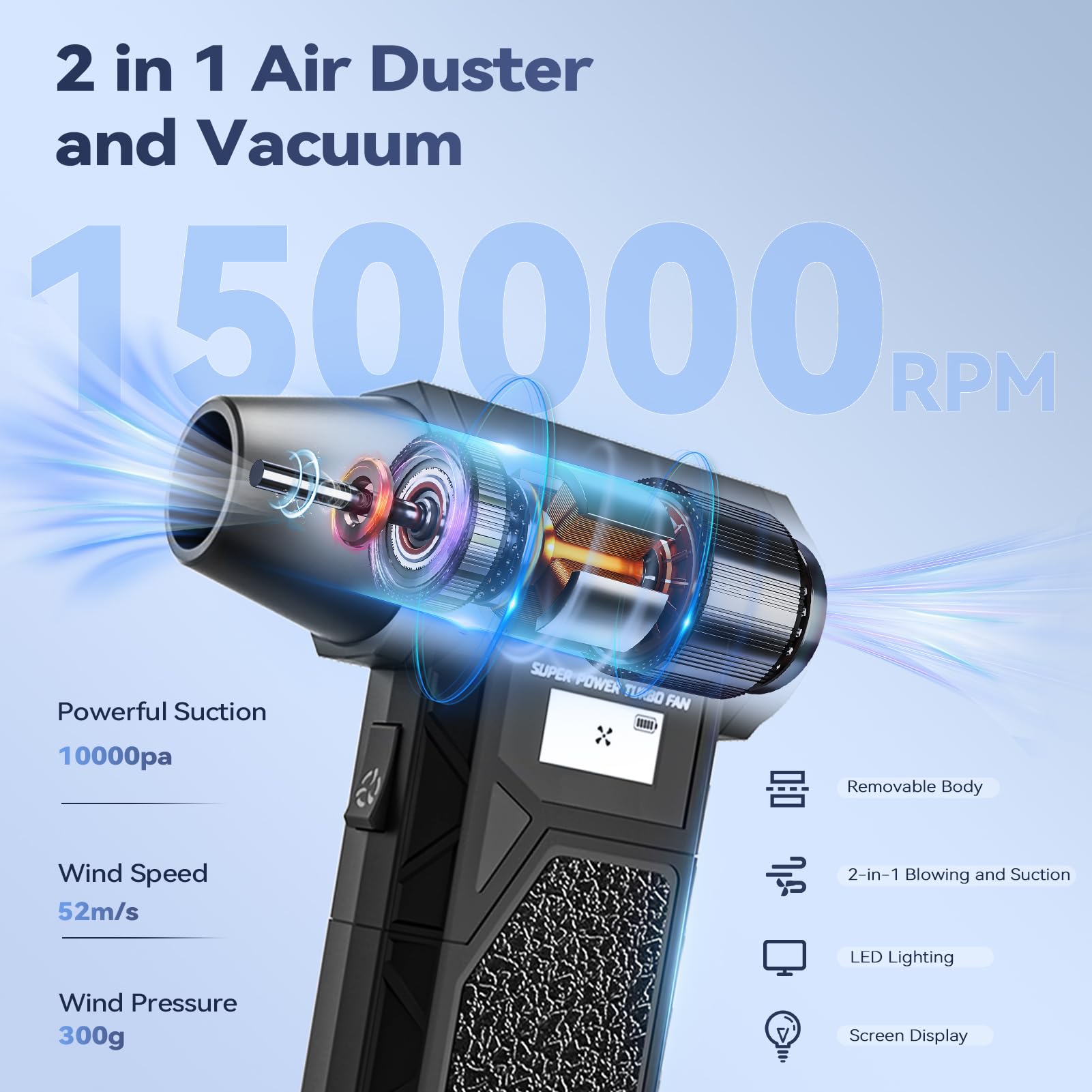 Souffleur Et Aspirateur 2 En 1 Sans Fil SEANCHEER - 180000 Tr/min, Batterie 8000mAh, Lampe LED, Pour PC, Voiture, Maison - 11