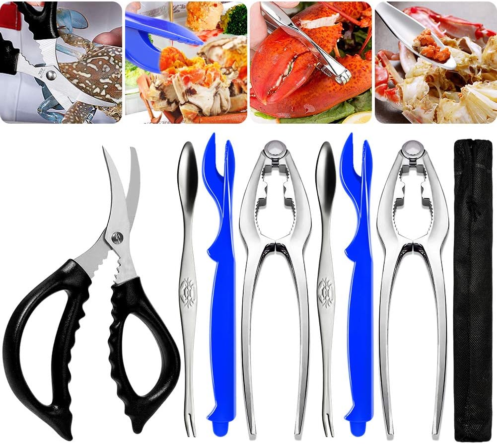 Crab Leg Crackers and Tools - 7 Piece Seafood Tools Upgrade Stainless Steel Lobster Crackers and Picks Set