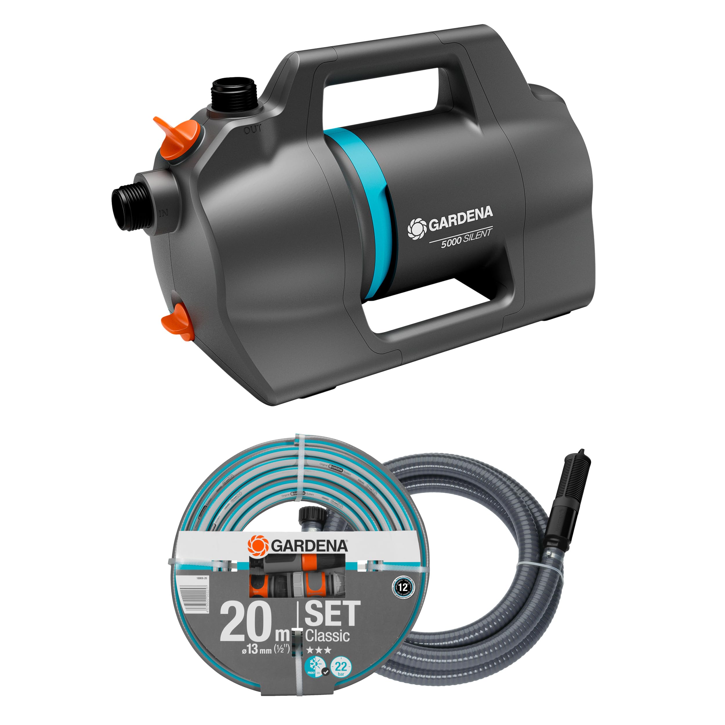 Gardena Set Pompa da Giardino 5000 Silent Pompe: 26% di portata in più a parità di consumo energetico rispetto al modello precedente*, Funzionamento silenzioso (9081-20 9081-61)