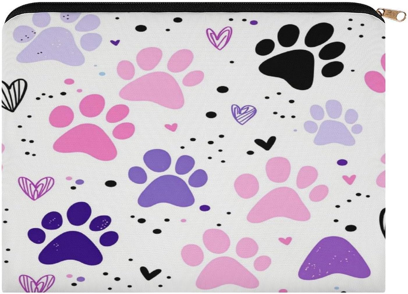 Cute Dog Paw Polyester Organizer Pouch, 8.9 X 6.5 Inch Zipper Makeup Bag for Toiletries Pens Coins Cables Travel Daily Essentials