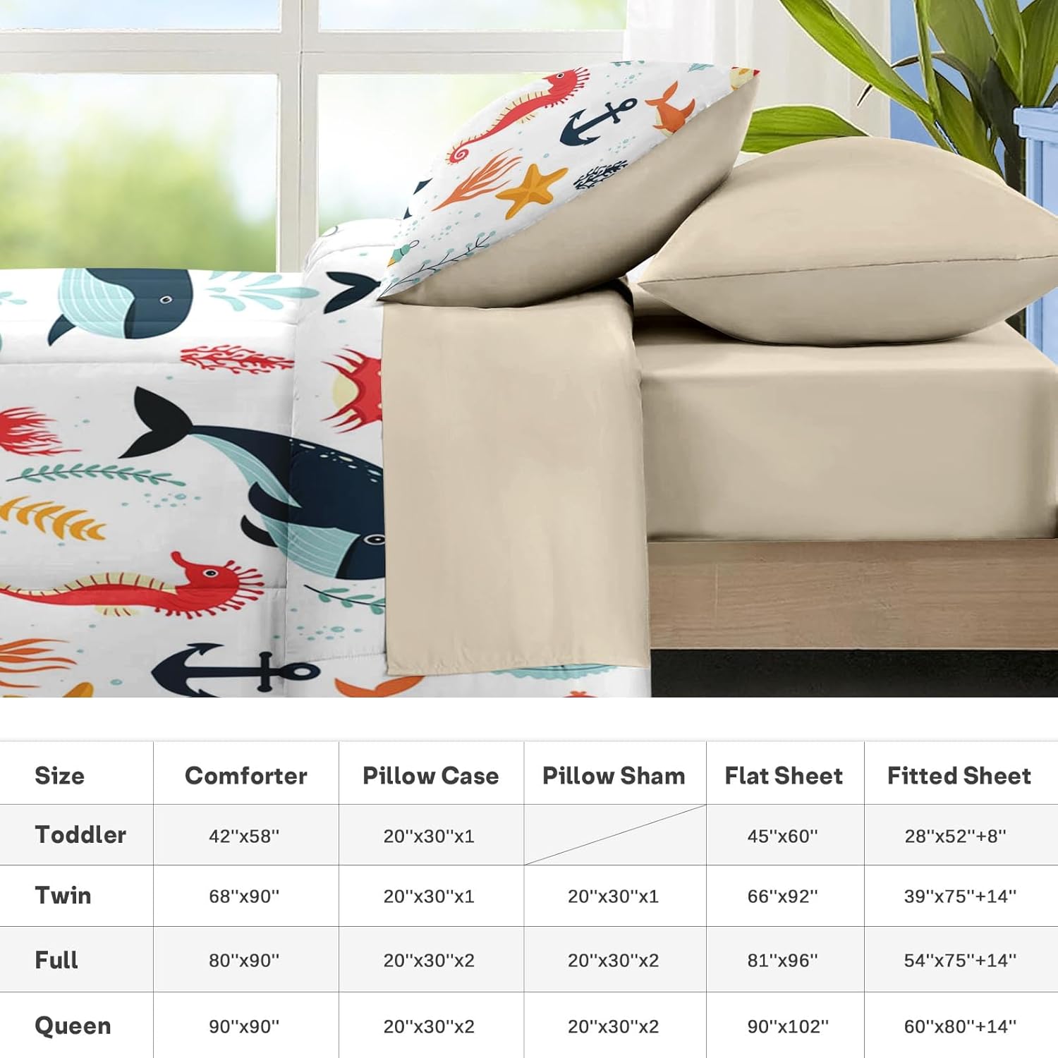Nesker 5 Pcs Comforter Set Twin Size, Whales Octopuses Seahorses Bedding for Kids Teen, Ocean Sea Animals Bed Sheet with Pillowcase & Sham - Image 7