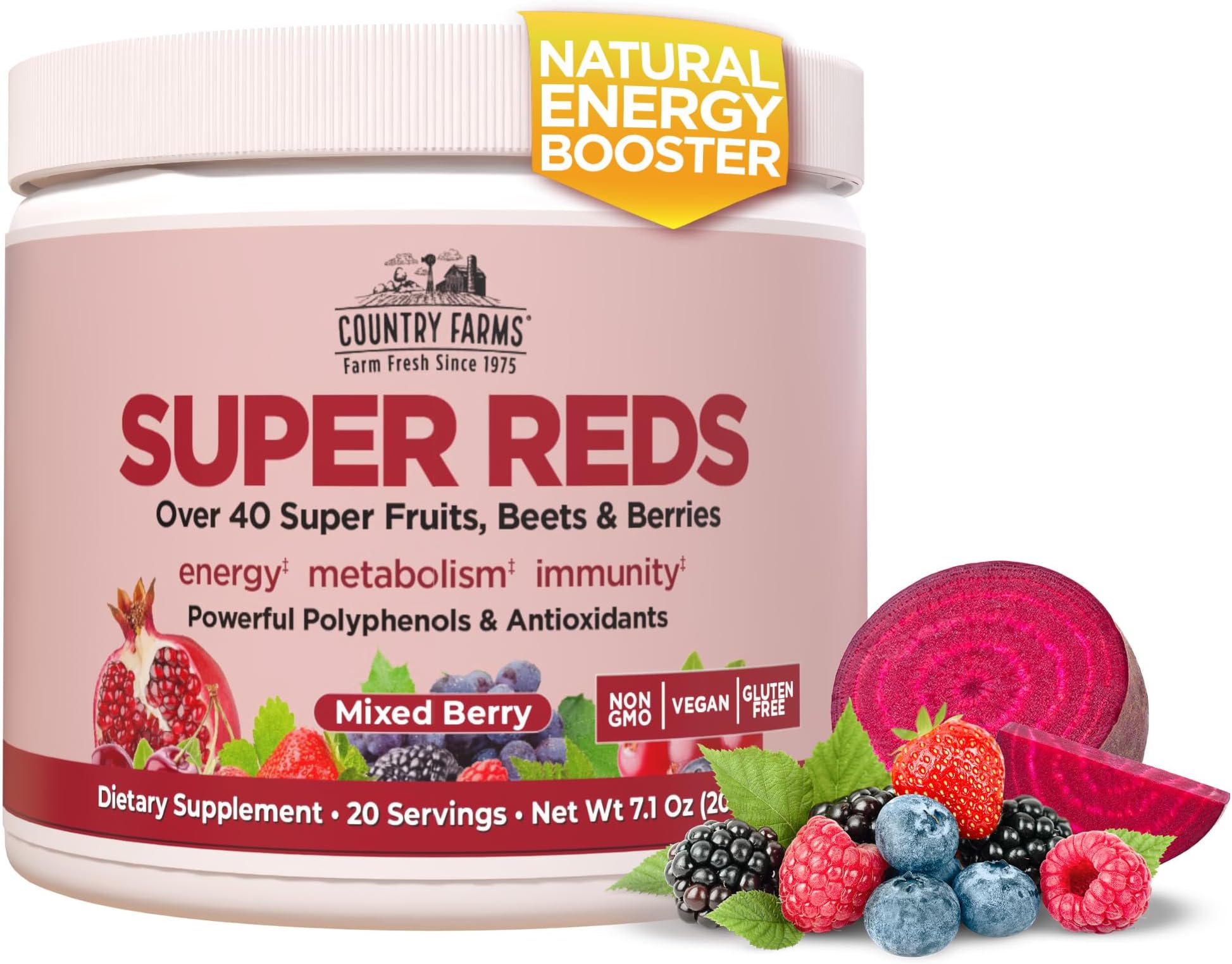 Super Reds, Energizing Polyphenol Superfood, 48 Super Fruits and Berries, Powerful Antioxidants and Polyphenols, Supports Energy, 20 Servings, Mixed Berry Flavor