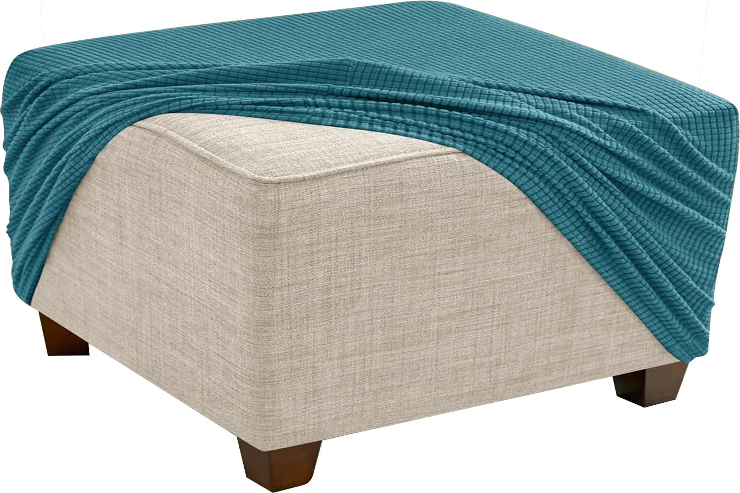 Stretch Ottoman Cover Slipcovers Square 35x35 45x45 65x65 90x90 100x100 Cm Thick Checked Jacquard Fabric Footstool Footrest Protector With Elastic Bottom For Living Room Removable Washable(Turquoise g