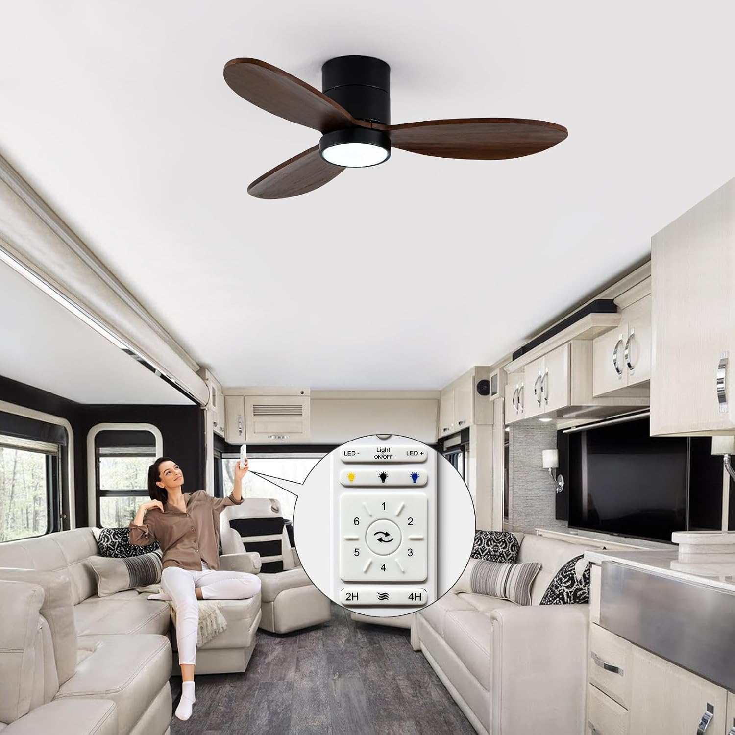 EKIZNSN 30 Inch RV 12V Ceiling Fan, 7" Ultra-Slim Mounting, 6-Speed, RV-Specific Ceiling Fans for Patio Porch Pergola, Black