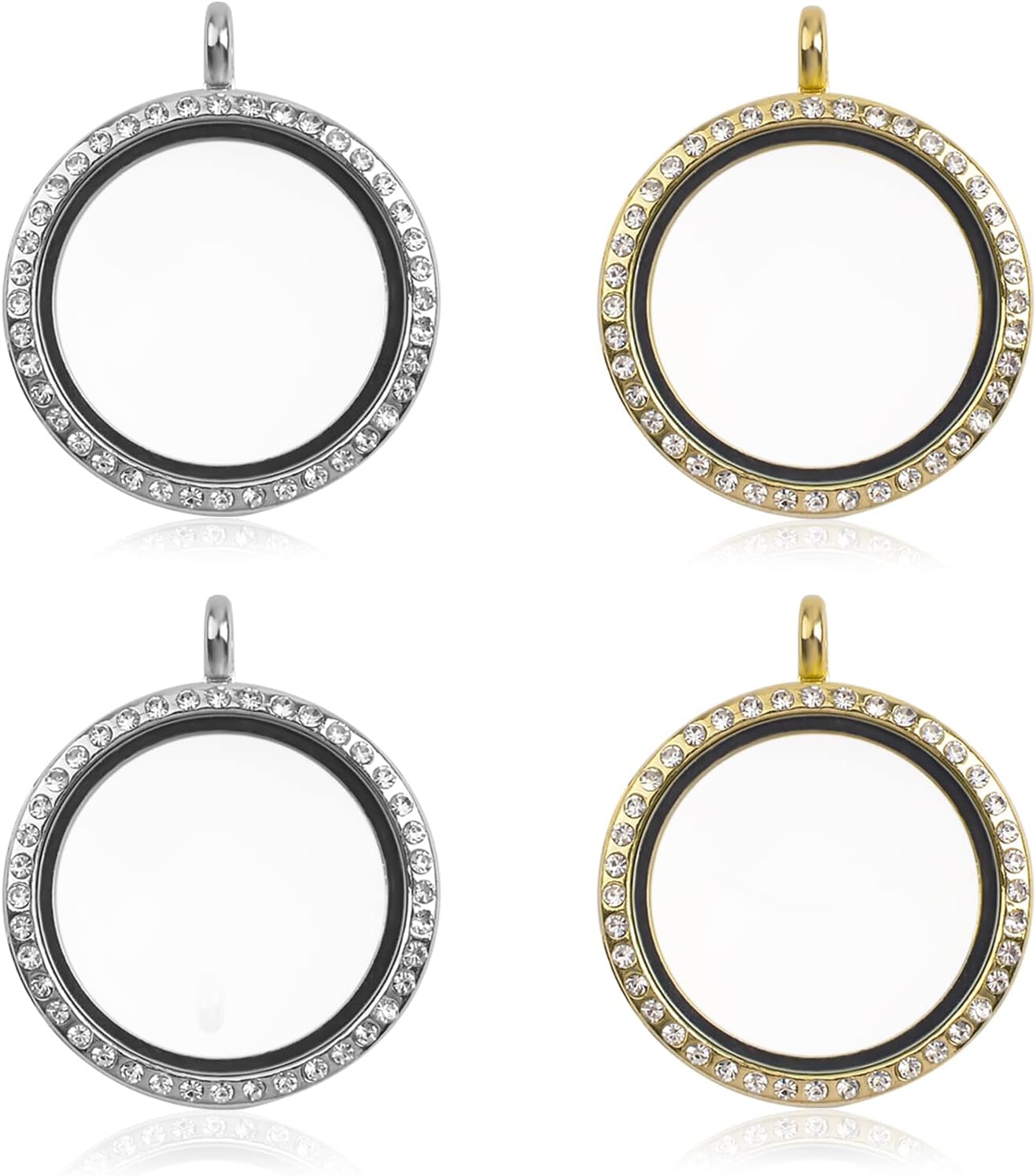 WANDIC Rhinestone Photo Charm, 4 Pcs Round Crystal Photo Pendant Bridal Wedding Bouquet Charms Memory Locket for 2 Pictures