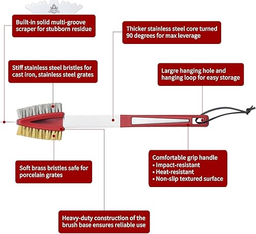Miniatura 8 de Cepillo y raspador de parrilla, cepillo de limpieza para barbacoa para parrilla al aire libre, cepillo de acero inoxidable de doble cara y cerdas de