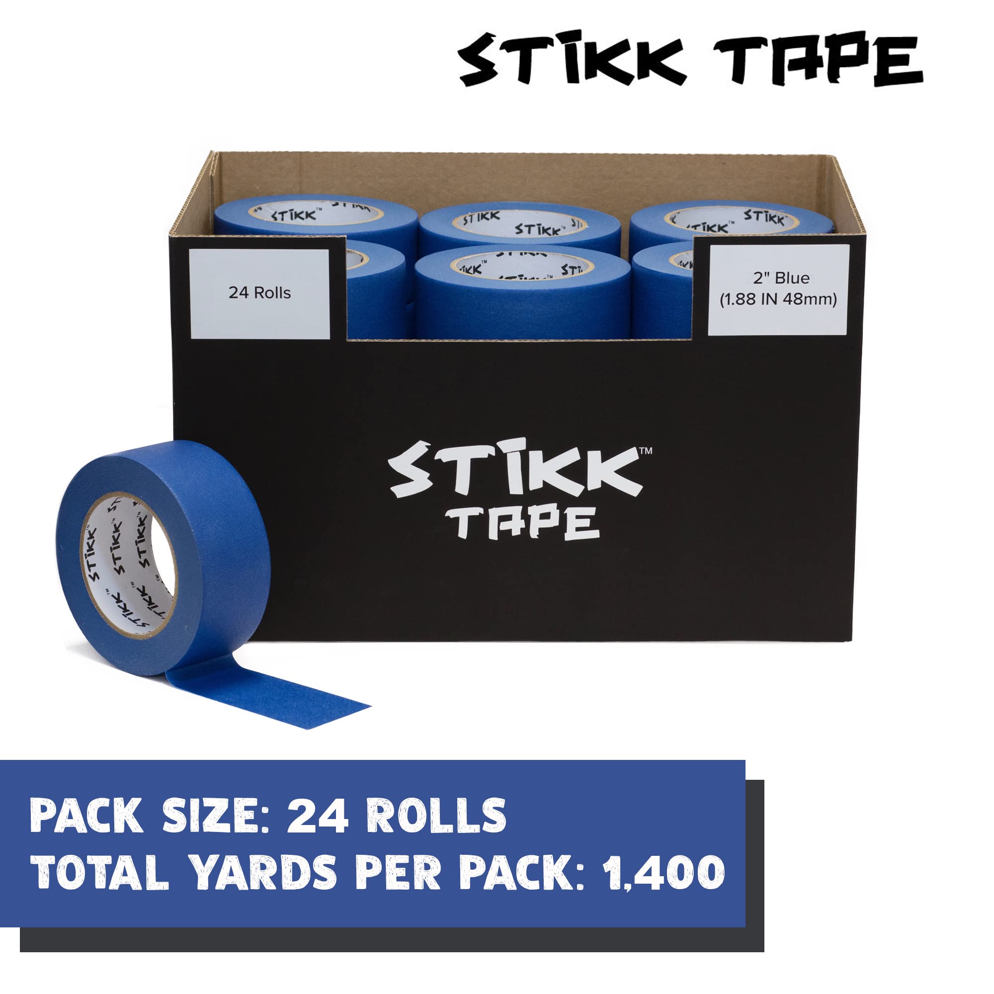 STIKK TAPE Etui na 24 rolki 2 cale x 55 m niebieska taśma malarska wielowarstwowa krepa papierowa 14 dni czyszczenie usuwanie wykończenia wykończenia krawędzi (4,8 cm w 48 mm)