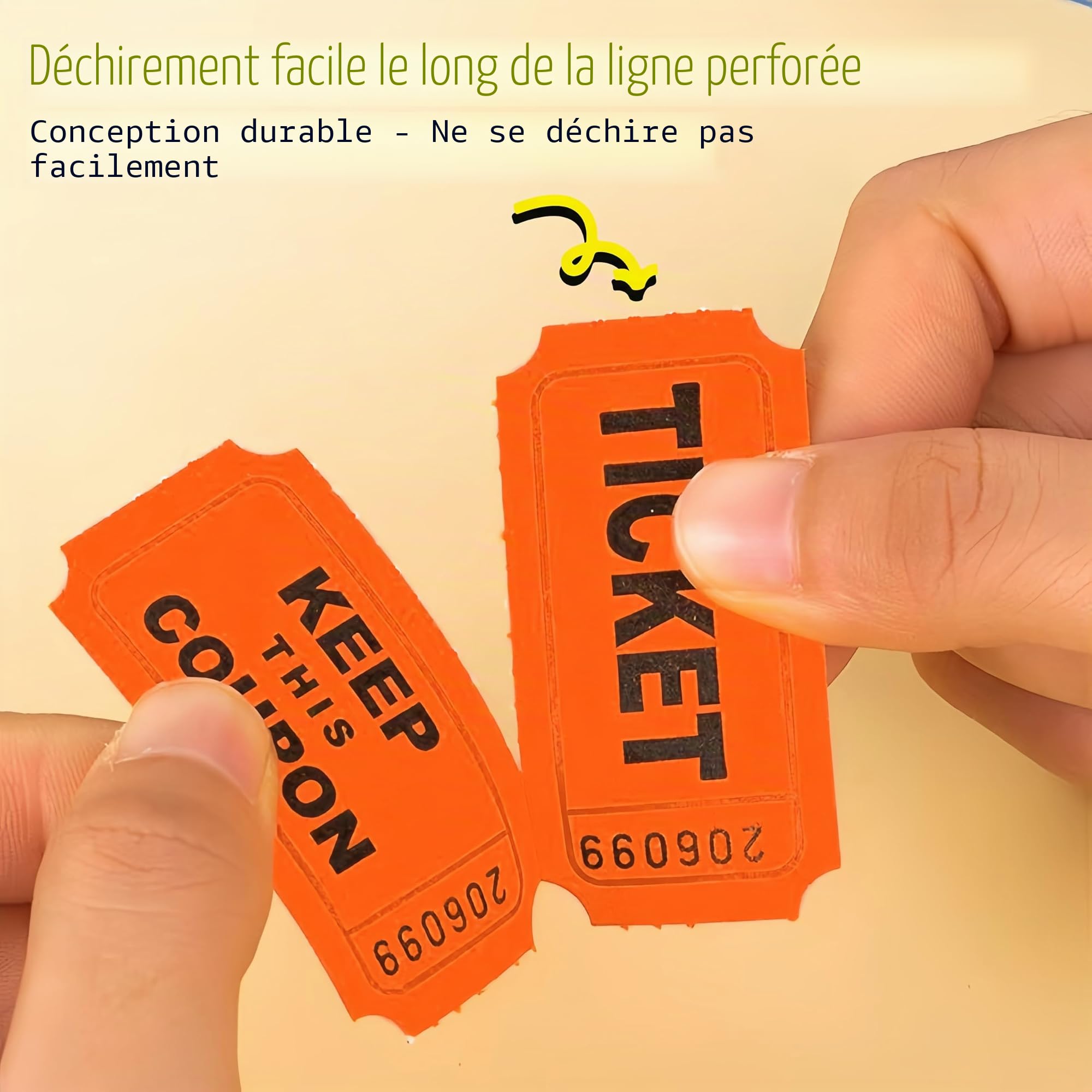 Lot de 4 rouleaux de tickets tombola doubles - 4000 billets numérotés (rouge, orange, vert, bleu) - Verso inscriptible - Billets d'entrée détachables pour événements, fêtes, collectes de