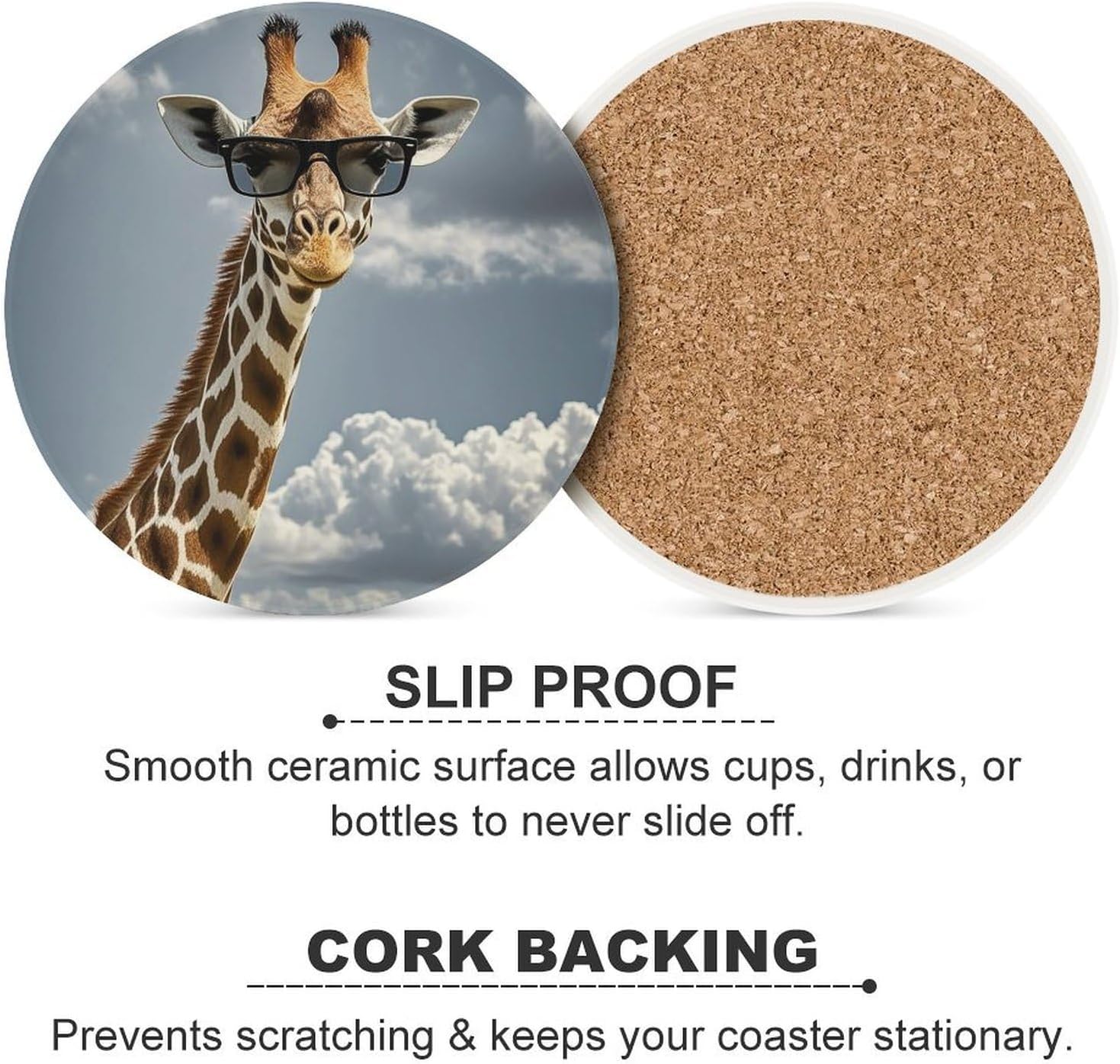 6PCS Giraffe Wearing Sunglasses Coasters Non-Slip Round Drink Coasters with Ceramic Stone and Cork Base, Heat Resistant Absorbent 33.00Stone Coaster Set for Kinds of Mugs and Cups, 4 Inch