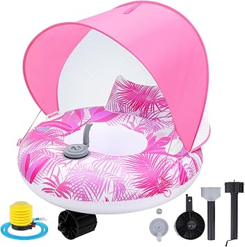 Motorized Pool Float with Canopy for Adults, Electric Inflatable Pool Lounger with Motor, Floating Chair Tube with Pusher Handles, Cupholder, Foot Pump for Summer Party, Beach, Lake, Calm Water