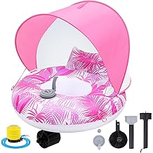 Motorized Pool Float with Canopy for Adults, Electric Inflatable Pool Lounger with Motor, Floating Chair Tube with Pusher Handles, Cupholder, Foot Pump for Summer Party, Beach, Lake, Calm Water