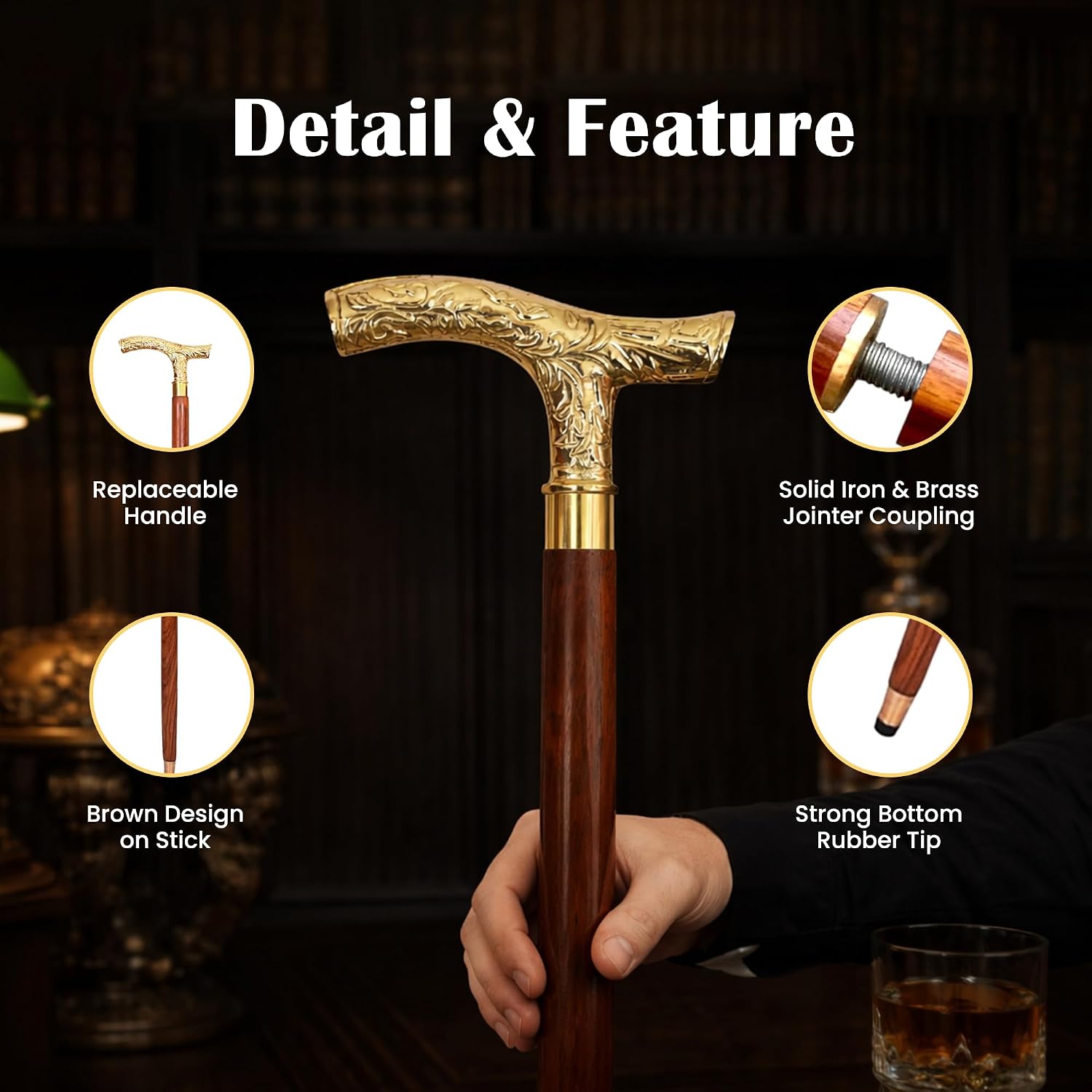 Vintage Brass Walking Stick Handmade Victorian Wooden Cane with T-Shape Solid Brass Handle Foldable Antique Style Collectible Walking Cane for Men Women and Seniors image 4