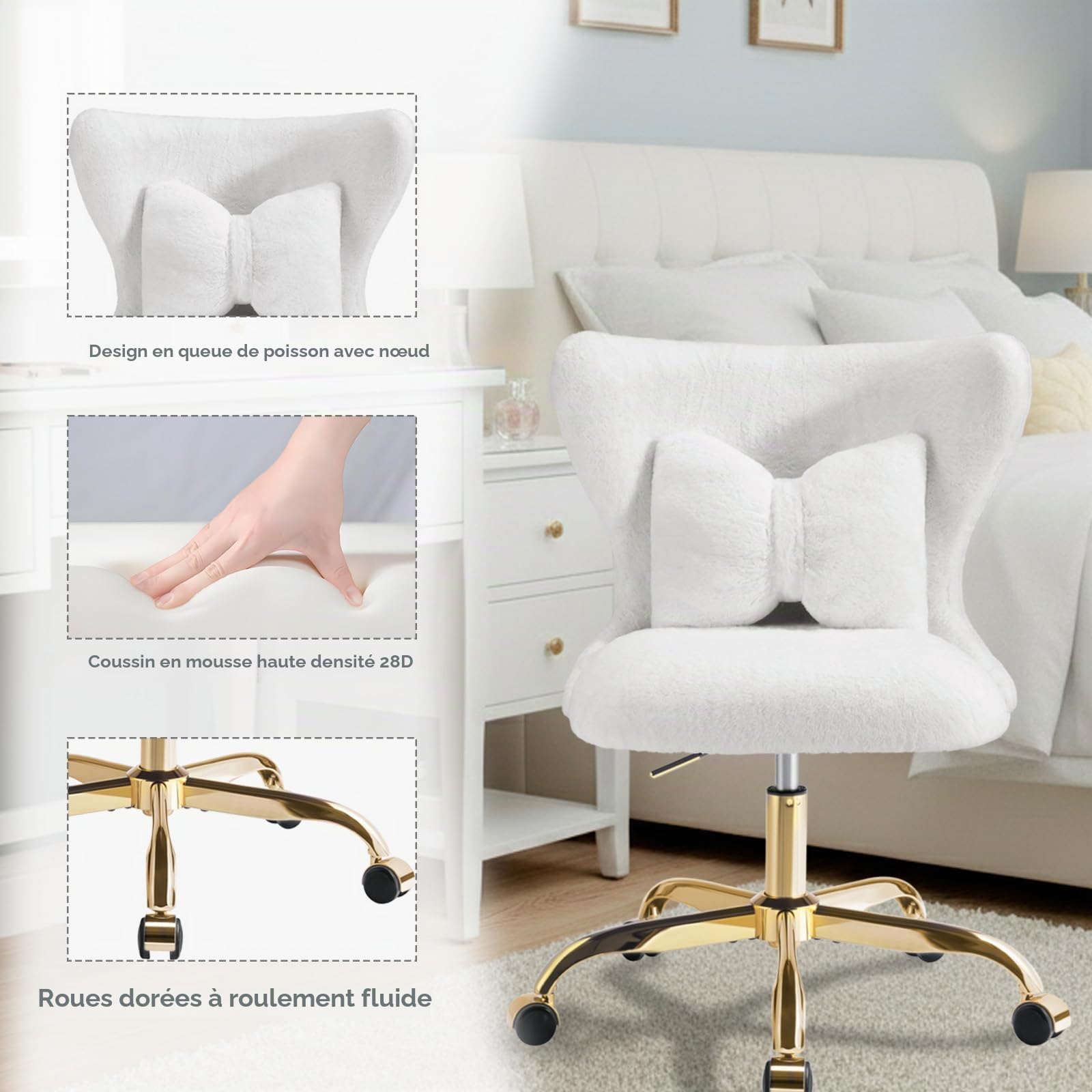 Chaise Coiffeuse Moderne, Fauteuil Pivotante à Roulette‌ Dorées‌ pour Fille, Siege Bureau Moumoute, Montage Facile, Blanche