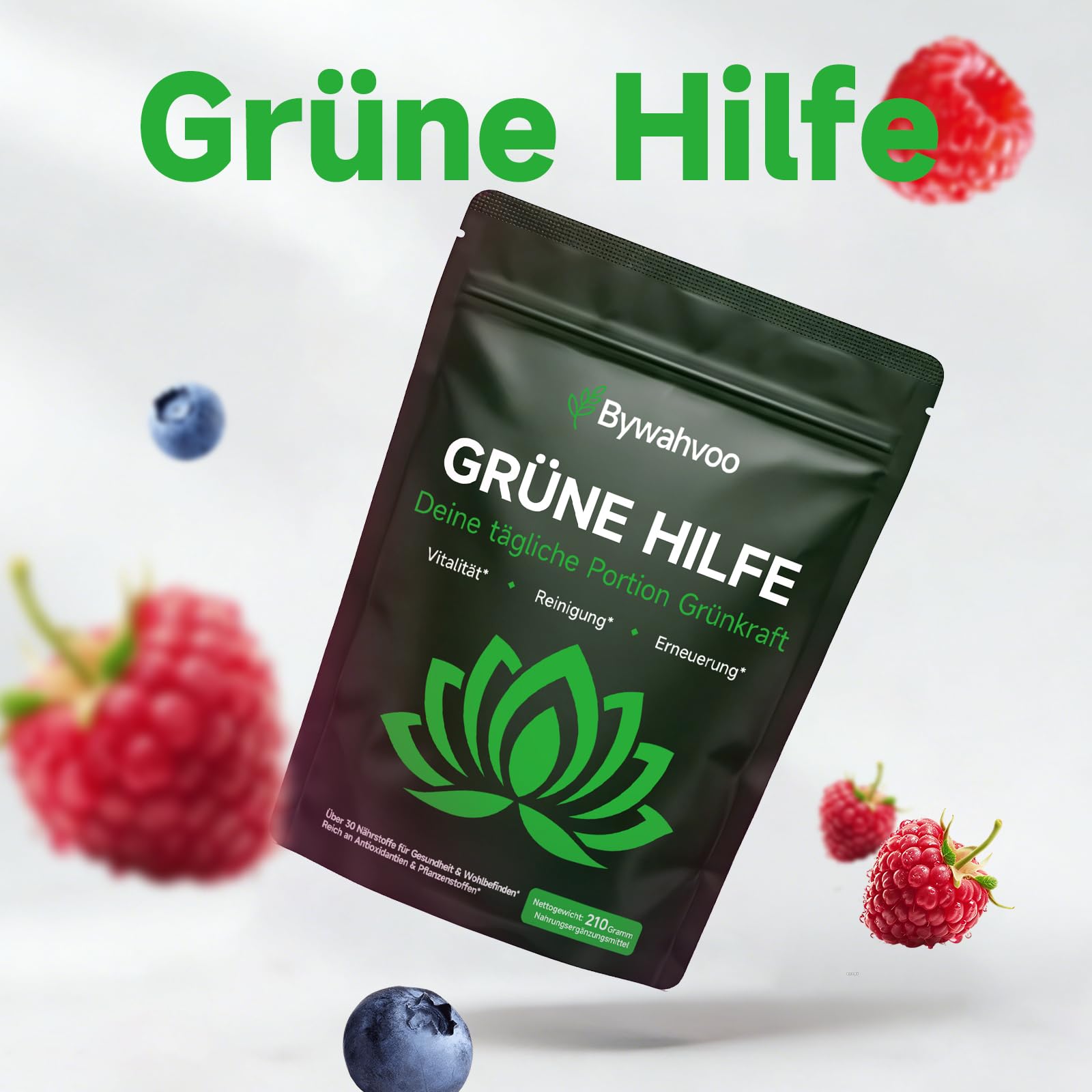 Grüne Entgiftungspulver 210g, Superfood Pulver zum Abnehmen, Helfer Greens Pflanzenpulver mit Matcha, Gerstengras, Spirulina & Heidelbeeren, Vegan
