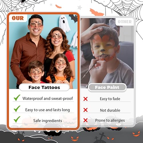 Halloween Temporary Face Tattoo, 14PCS Ghost Pumpkin Spider Bat Demon Tattoo Stickers, Makeup Tattoos for Day of the Dead and Halloween Parties (5x4inch)