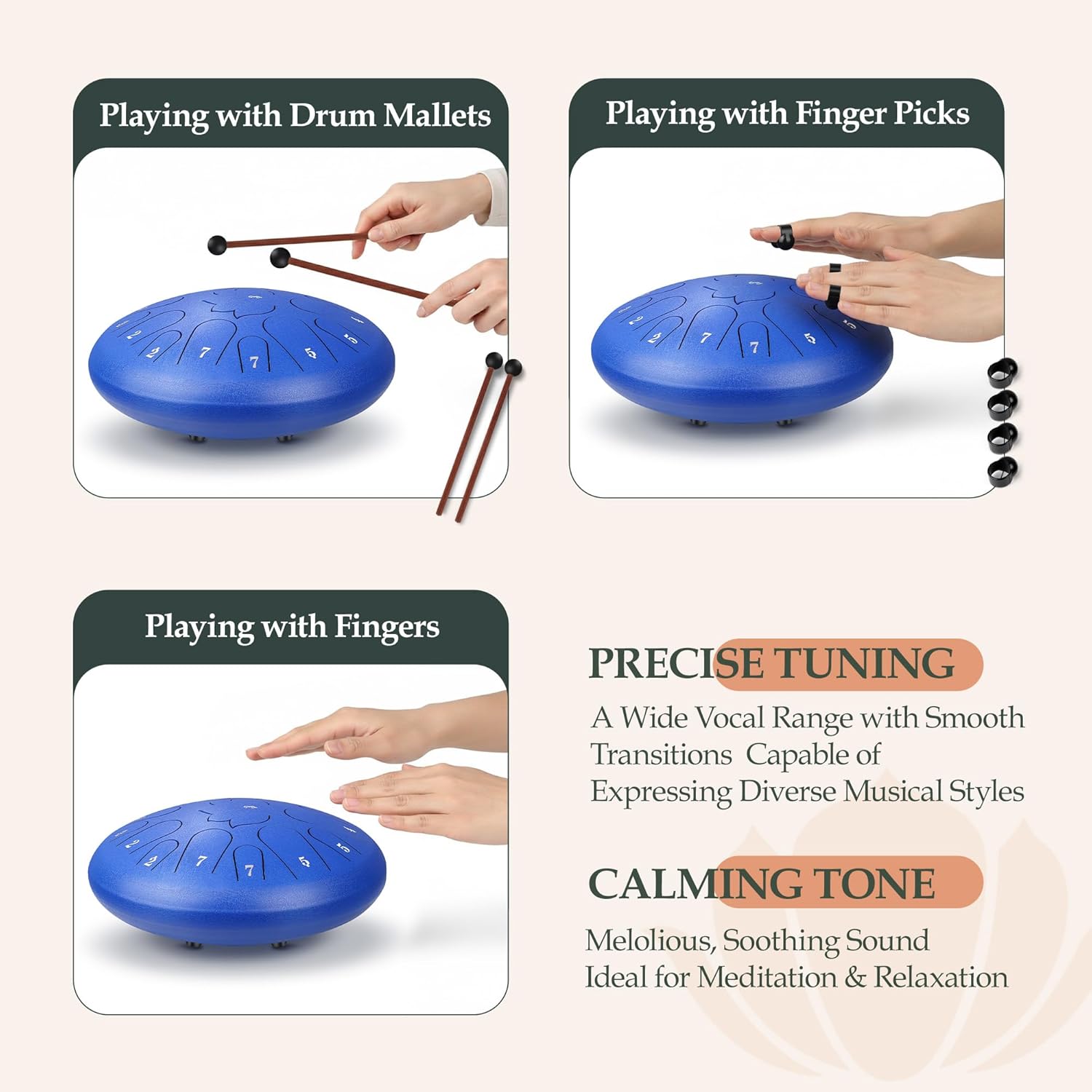 Steel Tongue Drum - 15 Note 12 Inch C Major Handpan Drum for Meditation and Beginners, with Music Book, Rain Drum Mallets, and Carrying Case (Blue, 12 Inch) - Image 4