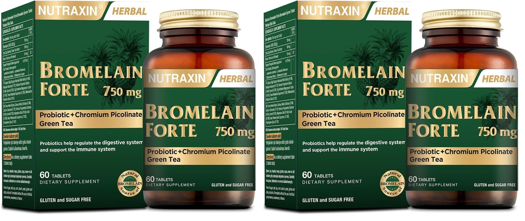 Nutraxin Bromelain Forte – 750 mg Bromelain, Yeşil Çay Ekstresi, Krom ve Probiyotik İçeren Sindirim ve Bağışıklık Destek Tableti – 60 Tablet – Alerjen İçermez (2 paketi)