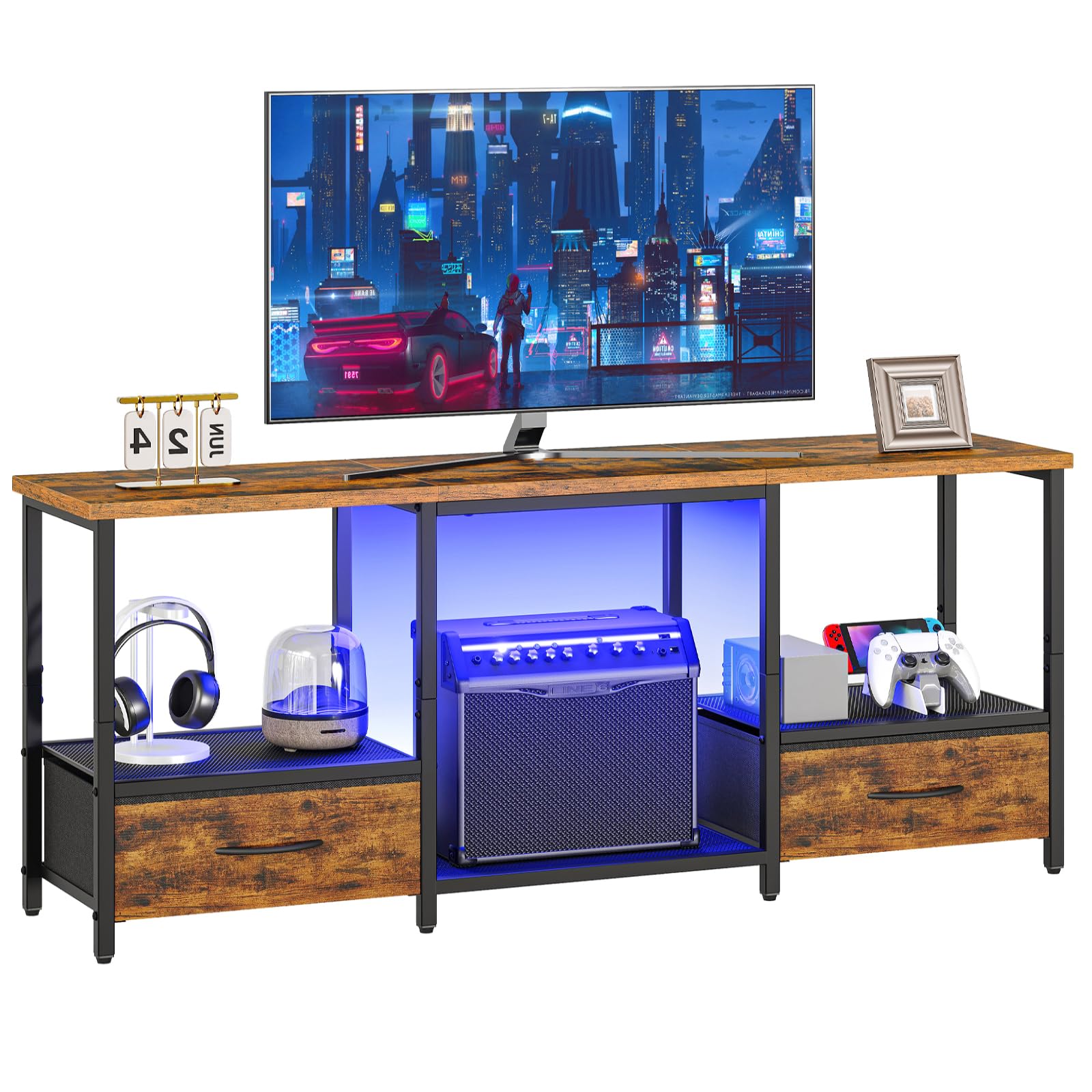 hoobro led tv stand with storage, led entertainment center with open shelves and drawer, fits tvs up to 55", television stand for living room, bedroom, rustic brown and black bf123dds01