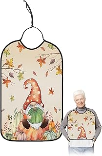 Kewadony Adult Bibs for Elderly Women - Thanksgiving Waterproof Dining Clothing Protectors with Crumb Catcher for Eating/Feeding, Fall Green Pumpkins Gnomes Maple Tree Leaves Terry Cloth Bib Washable