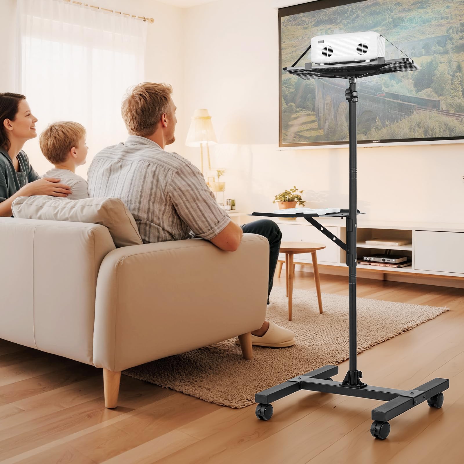 VEVOR Support de projecteur avec roulettes, hauteur réglable 86-136 cm, 2 plateaux, pour cinéma plein air