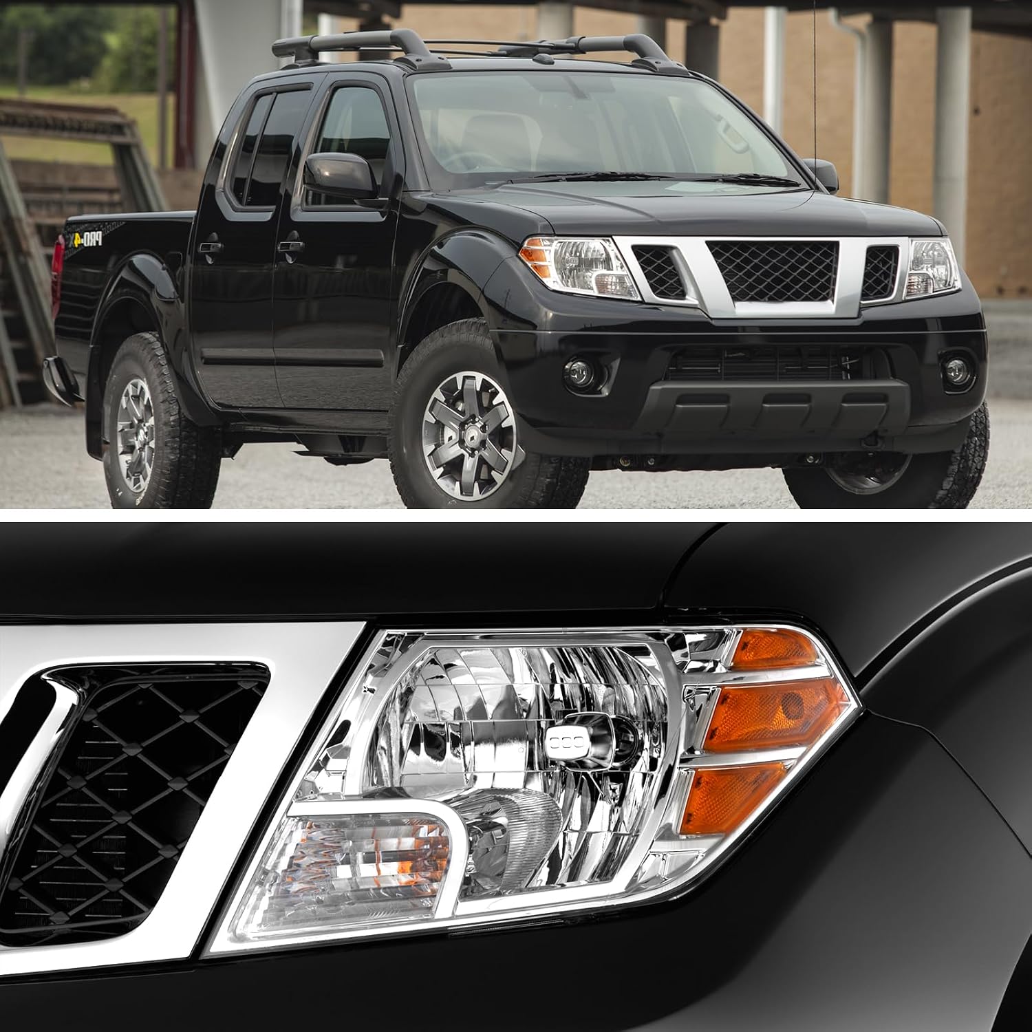 Headlight Assembly Replacement Fit 2009-2019 for Nissan Frontier Headlamp in Chrome Housing Amber Reflector Clear Lens Driver and Passenger Side 26060-ZL40A