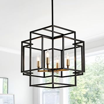 WJShome 4-Light Black and Gold Chandelier, Farmhouse Lantern Pendant Light, Industrial Ceiling Foyer Lighting Fixtures, Modern Chandeliers for Dining Room, for Kitchen Island Entryway Staircase