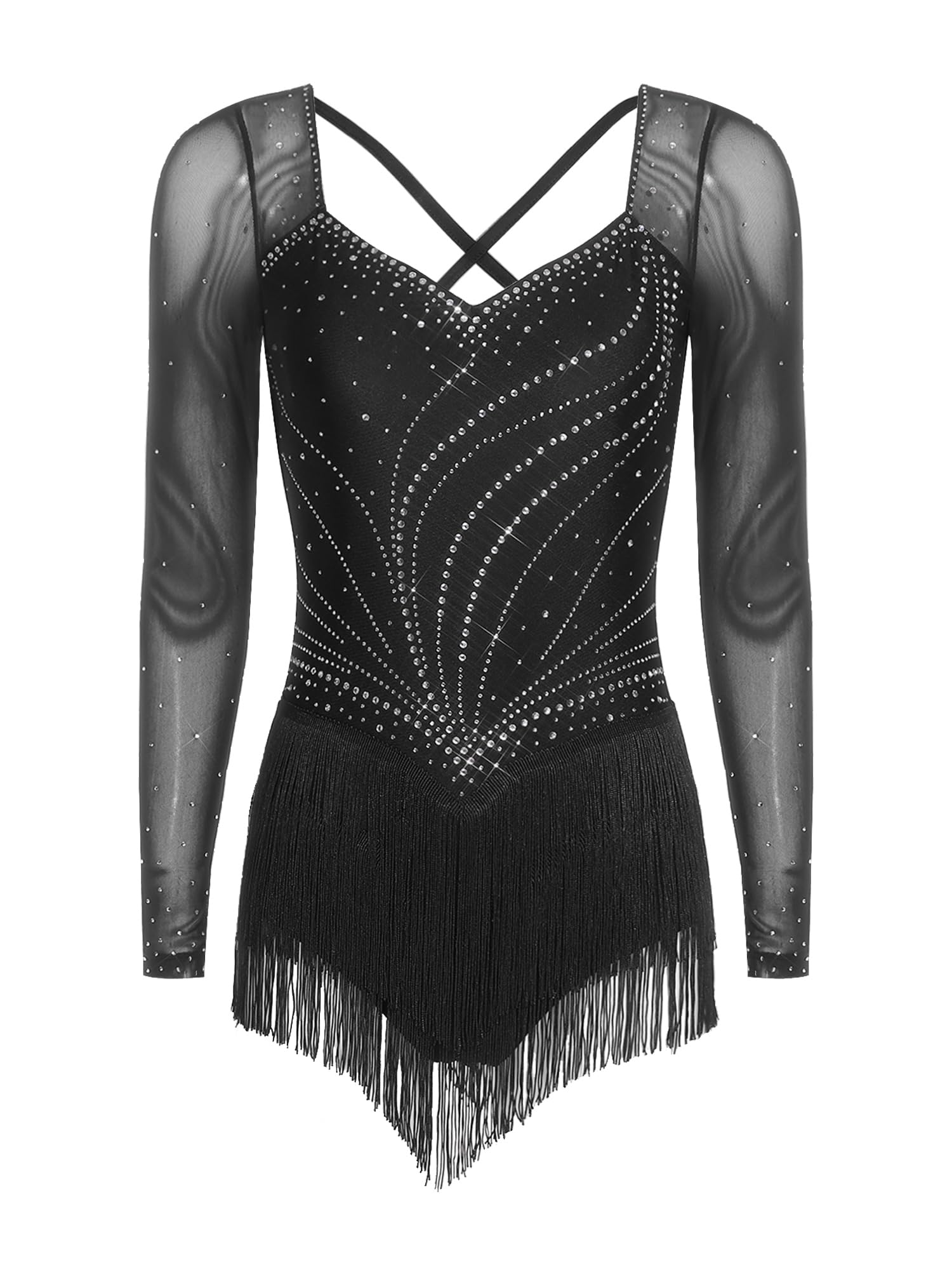 Kaerm Robe Danse Classique Femme Combinaison Dos Nu Gland Frange Tenue de Patinage Artistique Justaucorps Latine Jazz Tango Costume Compétition S-XXL
