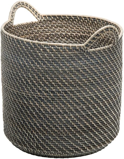 KOUBOO Laguna Round Rattan Storage Basket with Ear Handles, Wicker Basket for Blankets, Laundry Hamper, Indoor Plant Basket, Decorative Home Organizer, Black-Wash, Large