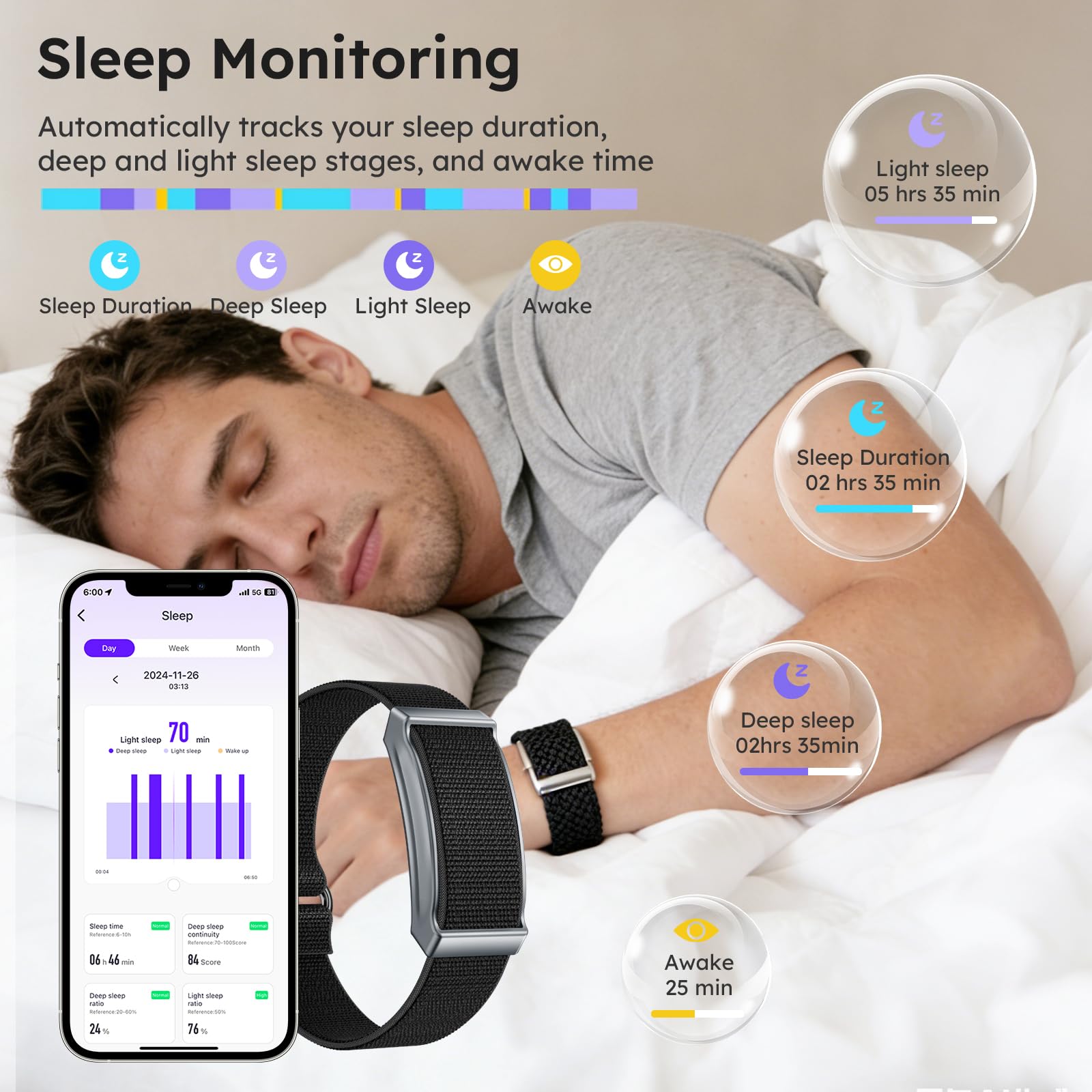 Braccialetto intelligente per la salute, fitness tracker, cardiofrequenzimetro, monitoraggio del sonno, contapassi, modalità multi sport, impermeabile, cinturino in silicone e nylon
