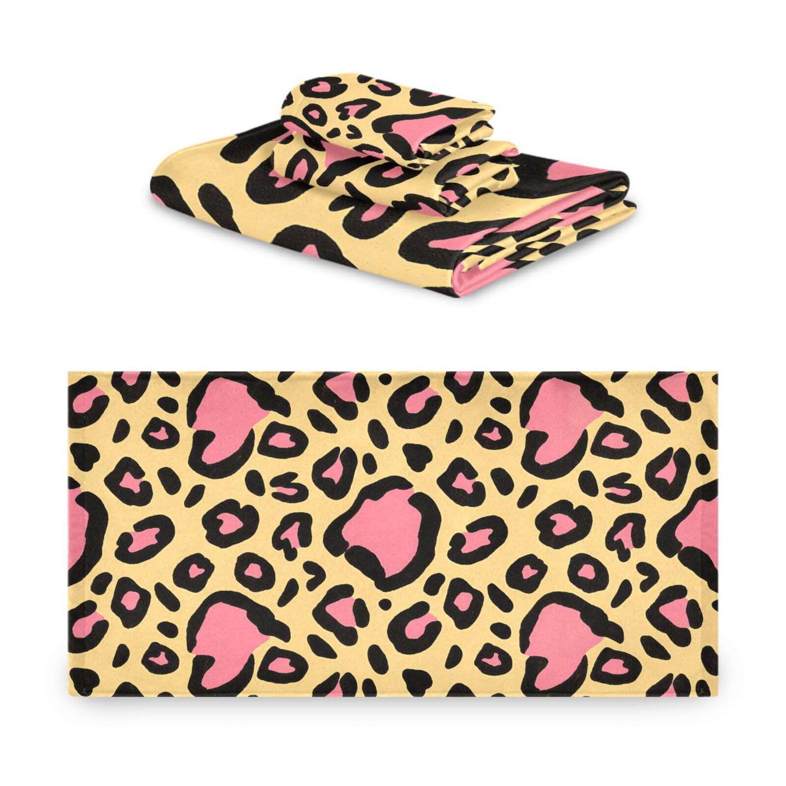 Set di 3 asciugamani per il viso in microfibra con stampa leopardata, 1 asciugamano da bagno, 1 asciugamano per le mani, 1 panno per la spiaggia, capelli, viso, palestra, nuoto, cucina