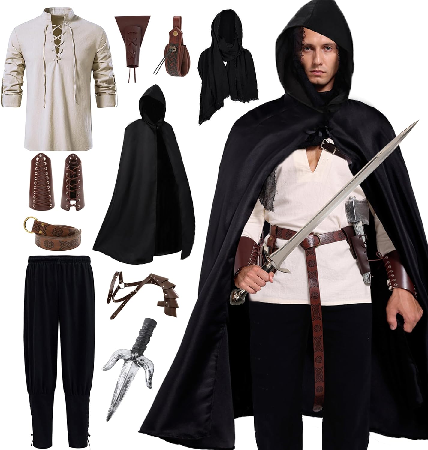 Akokvlar 10 Pcs Men Renaissance Costume Medieval Pirate Shirt Ankle Banded Pants Viking Outfit Set