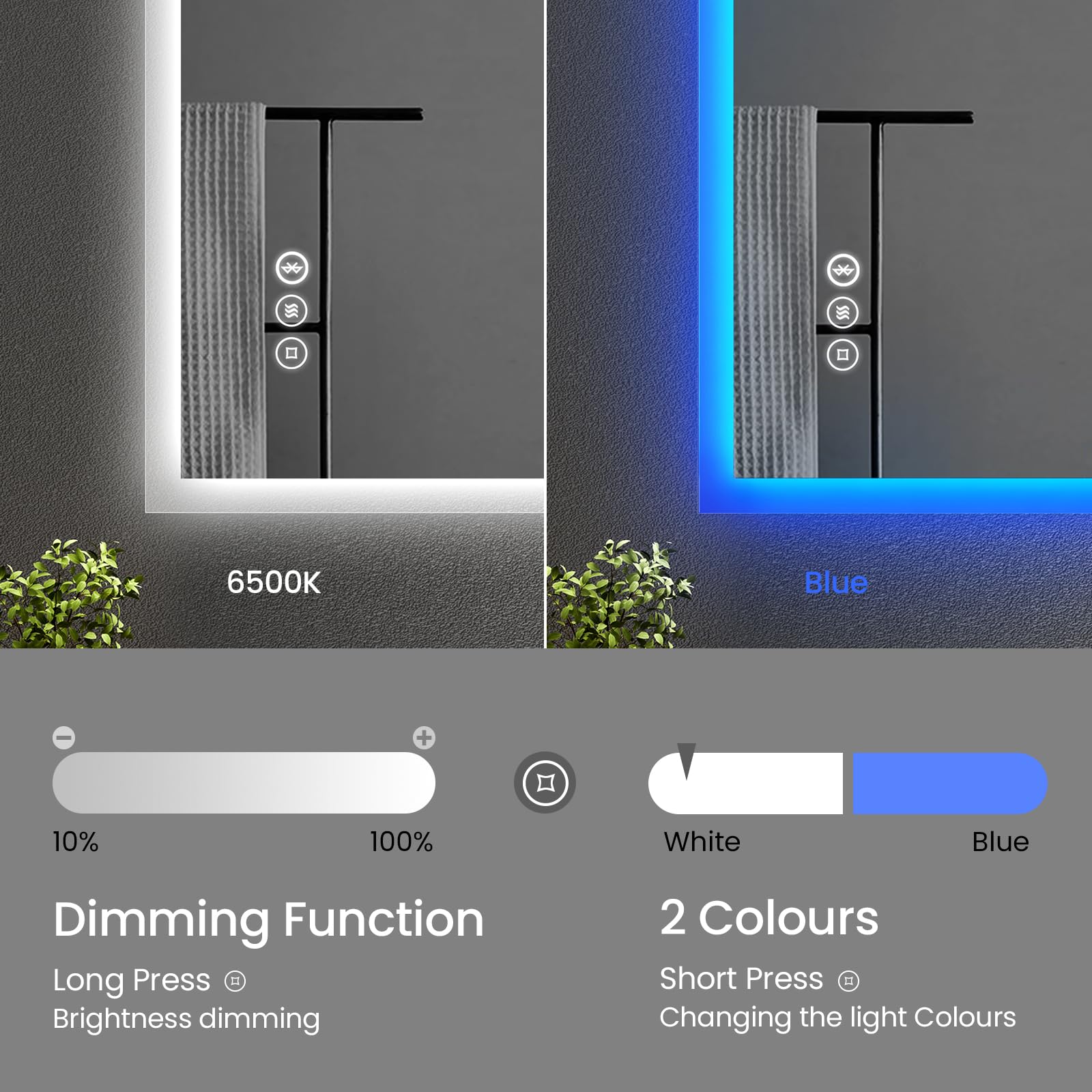 EMKE Espejo de baño Bluetooth con Enchufe para afeitadora, 450 x 600 mm, Espejo de baño Iluminado con Ambiente Azul con 3 Tonos de Color, Regulable, función de Memoria, antivaho montado en la Pared