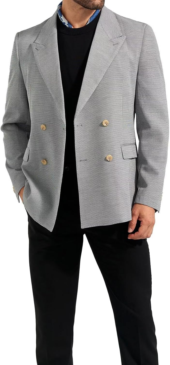Fxzpiodi Mens Suit Blazer Jacket Slim Fit Knitted Casual Lightweight Business Prom Sport Coat Double-Breasted Lapel Collar