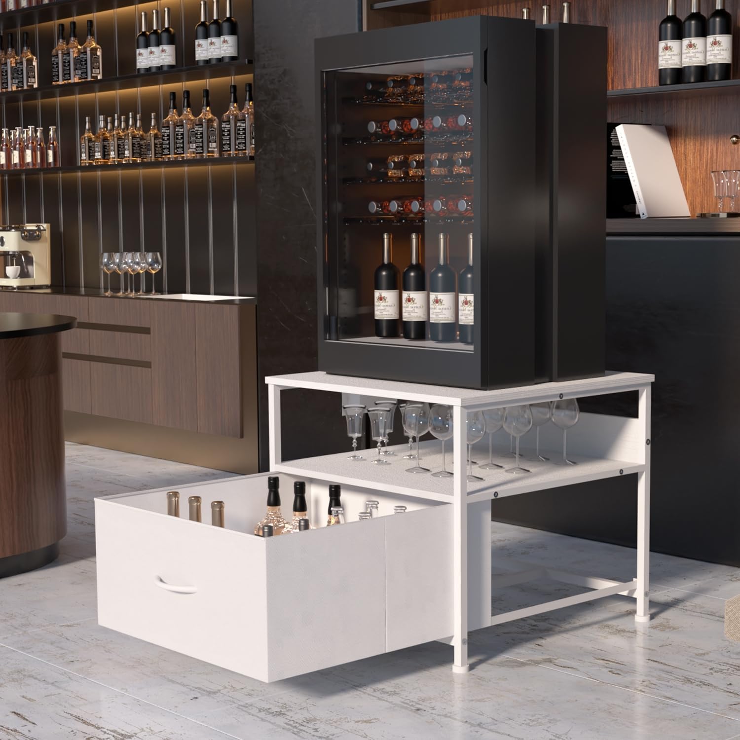 Unionly180 lb Mini Fridge Table with Drawer Fridge Shelf, Mini Fridge Cabinet with Storage,Heavy Duty Fridge Standwith Charging Station, 4 Adjustable Feet for Home Kitchen (White)