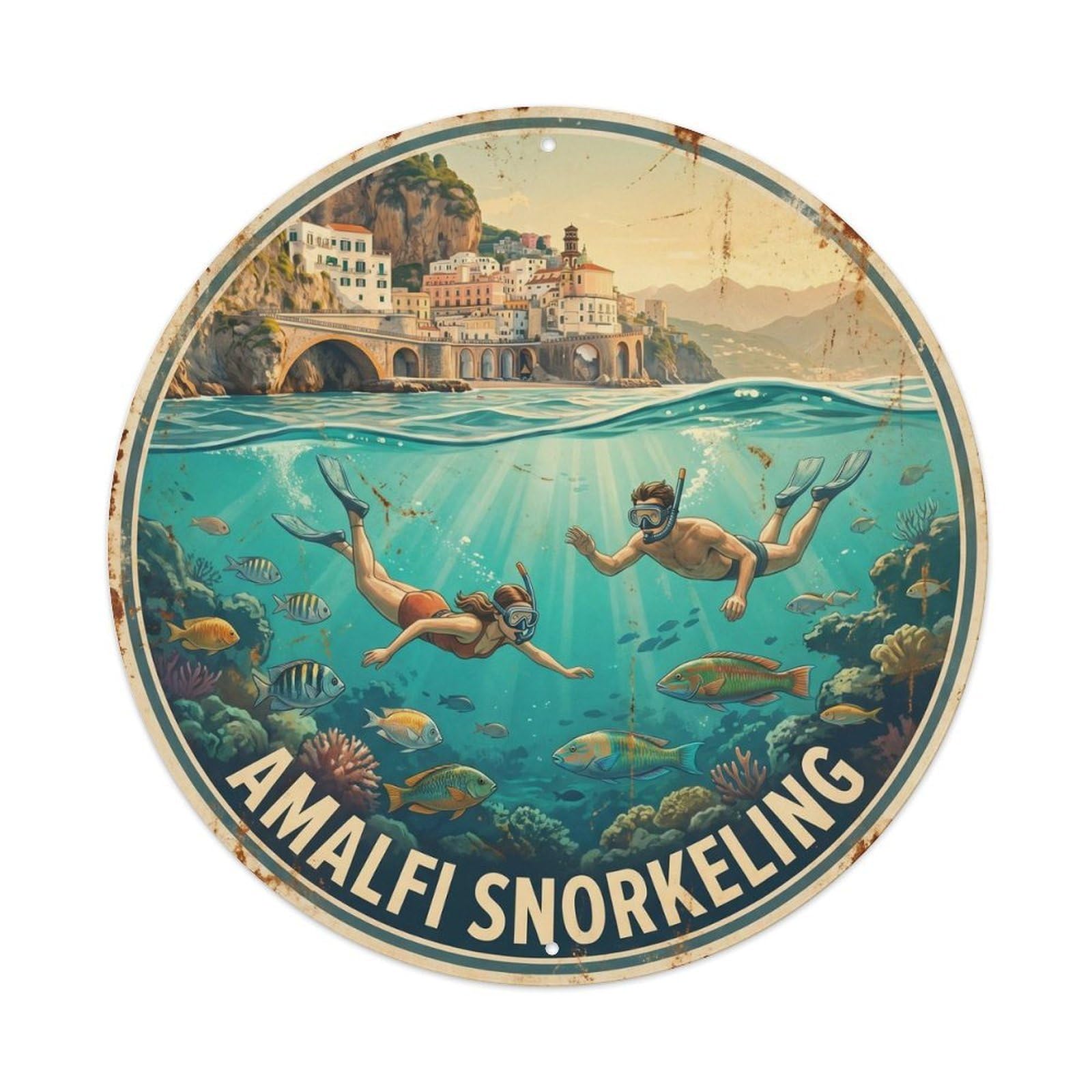 Classic Amalfi Mediterranean Snorkeling Adventure Travel Metal Tin Sign Plaque Wall Decor for Cafe, Man Cave, Club Bar, Office, Home Garden Round Metal Poster 8x8Inch